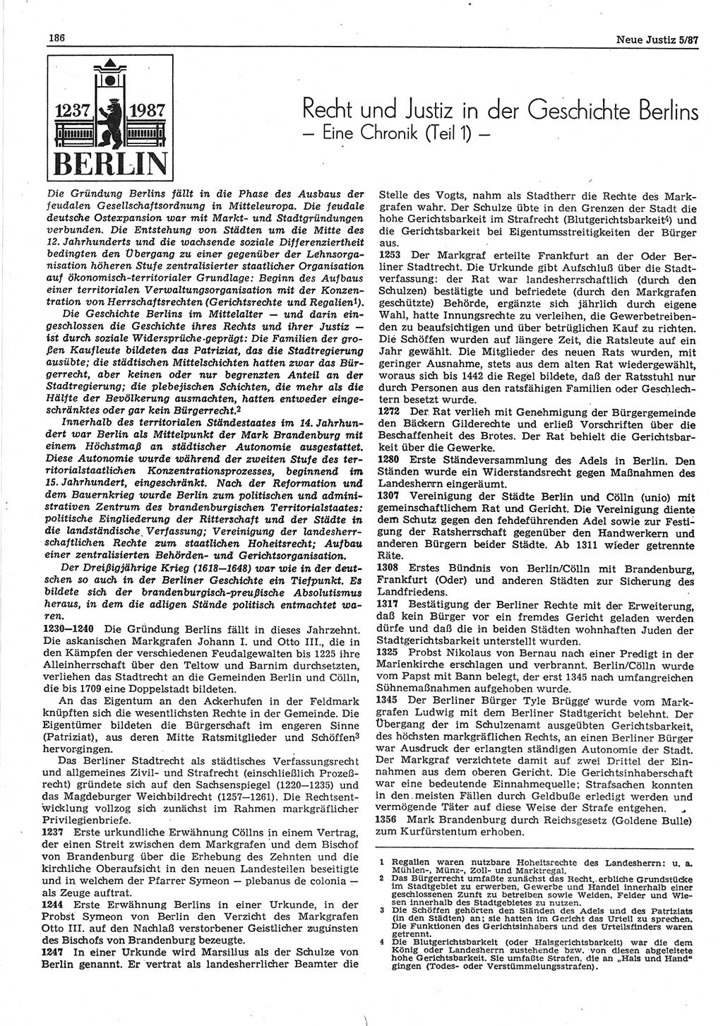 Neue Justiz (NJ), Zeitschrift für sozialistisches Recht und Gesetzlichkeit [Deutsche Demokratische Republik (DDR)], 41. Jahrgang 1987, Seite 186 (NJ DDR 1987, S. 186)