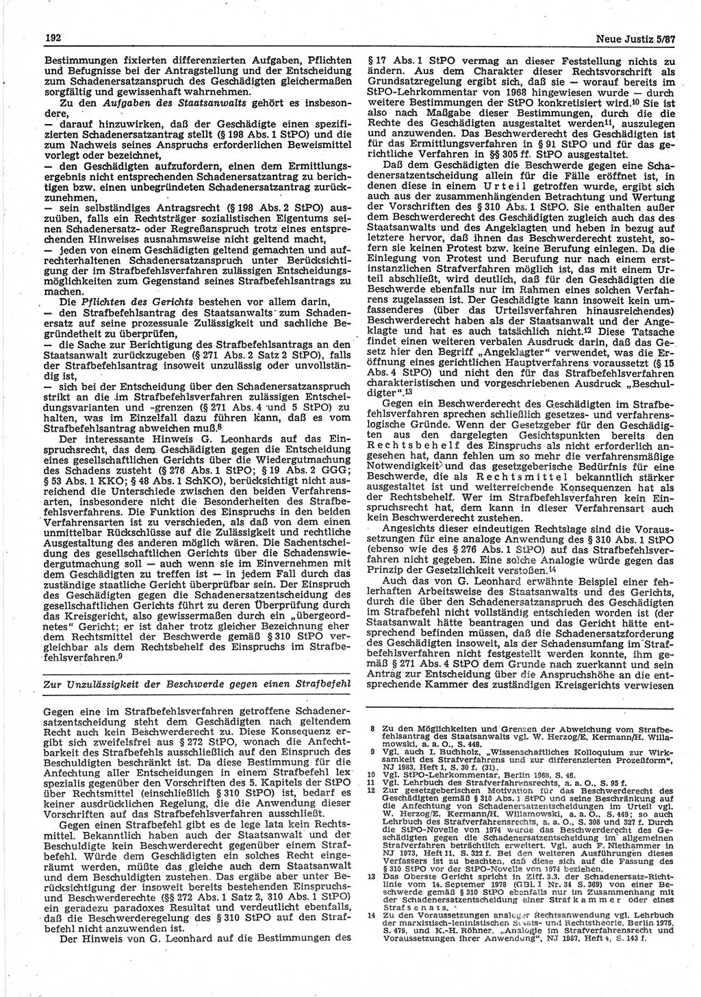 Neue Justiz (NJ), Zeitschrift für sozialistisches Recht und Gesetzlichkeit [Deutsche Demokratische Republik (DDR)], 41. Jahrgang 1987, Seite 192 (NJ DDR 1987, S. 192)