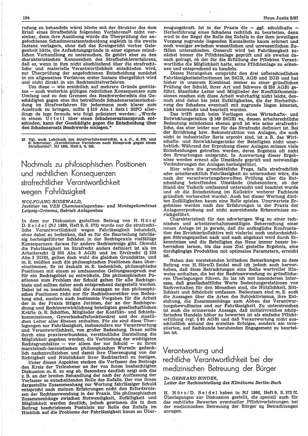 Neue Justiz (NJ), Zeitschrift für sozialistisches Recht und Gesetzlichkeit [Deutsche Demokratische Republik (DDR)], 41. Jahrgang 1987, Seite 194 (NJ DDR 1987, S. 194)