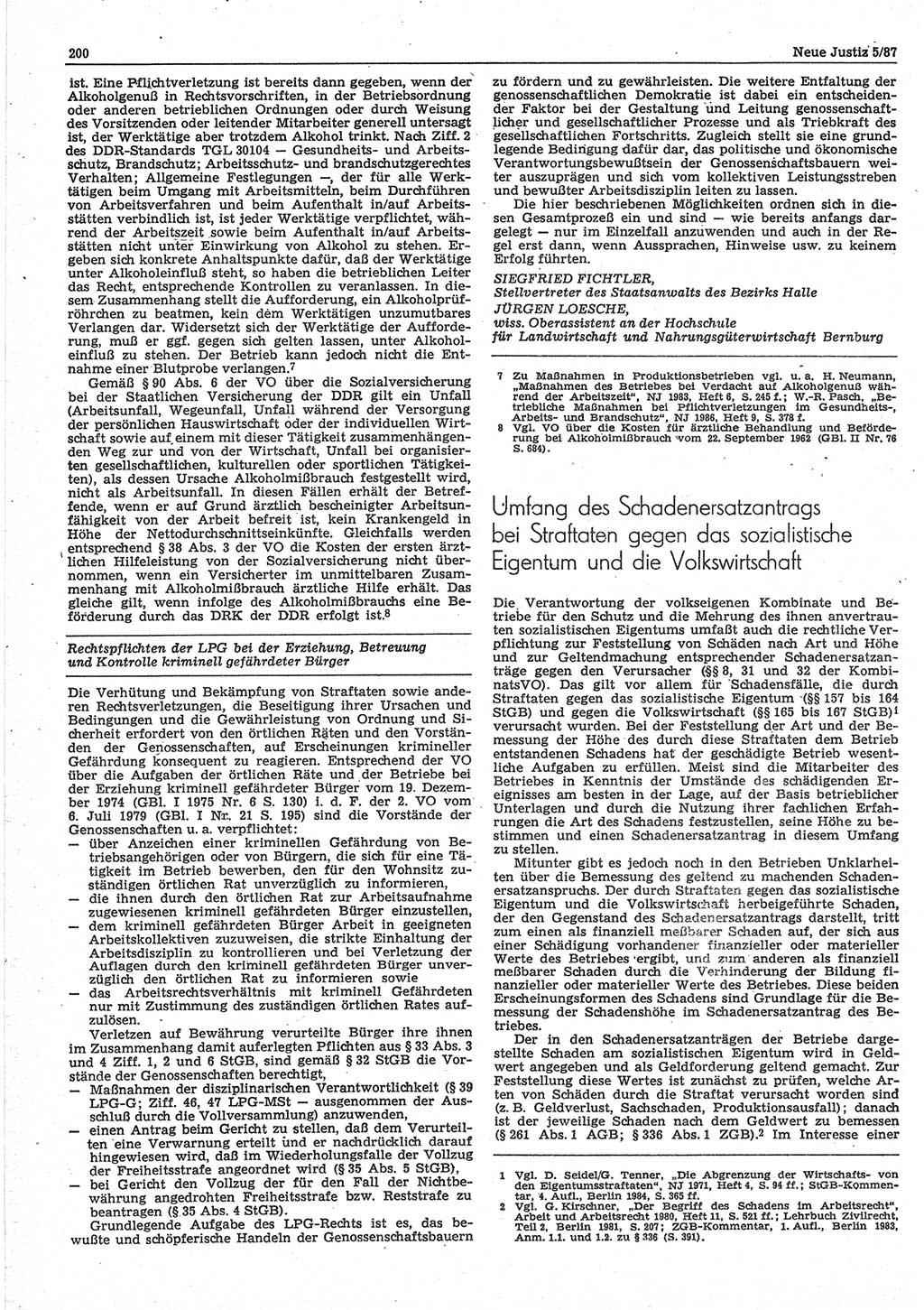 Neue Justiz (NJ), Zeitschrift für sozialistisches Recht und Gesetzlichkeit [Deutsche Demokratische Republik (DDR)], 41. Jahrgang 1987, Seite 200 (NJ DDR 1987, S. 200)