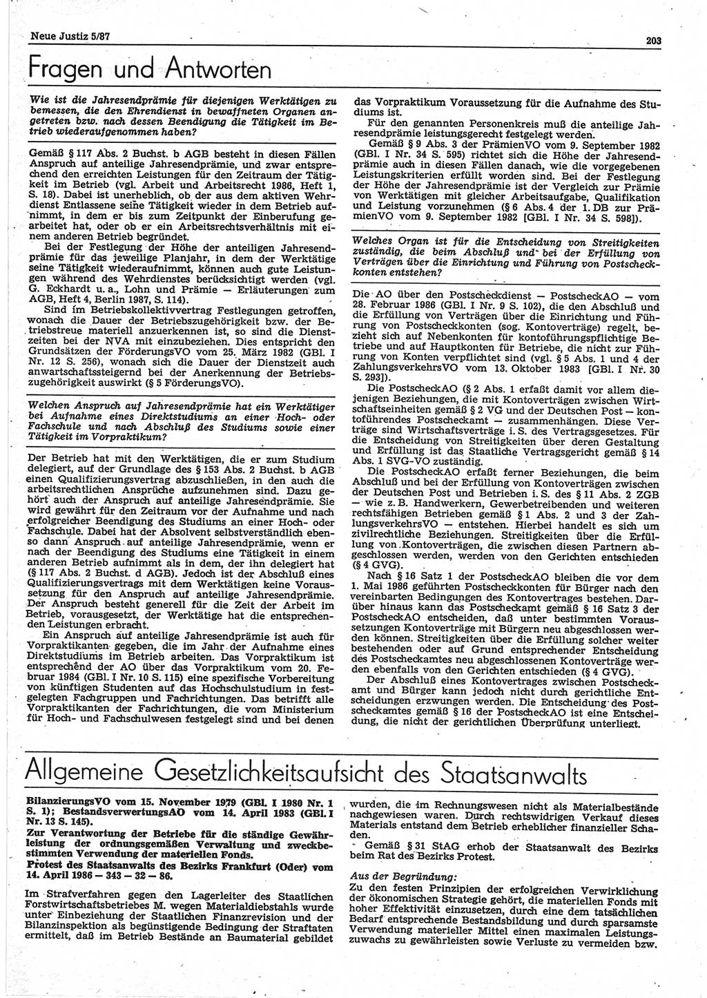 Neue Justiz (NJ), Zeitschrift für sozialistisches Recht und Gesetzlichkeit [Deutsche Demokratische Republik (DDR)], 41. Jahrgang 1987, Seite 203 (NJ DDR 1987, S. 203)