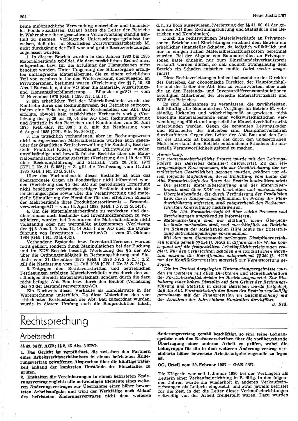 Neue Justiz (NJ), Zeitschrift für sozialistisches Recht und Gesetzlichkeit [Deutsche Demokratische Republik (DDR)], 41. Jahrgang 1987, Seite 204 (NJ DDR 1987, S. 204)