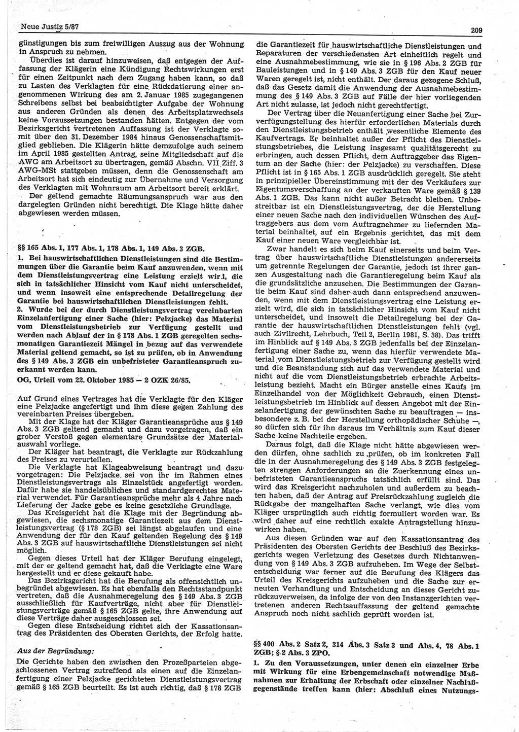 Neue Justiz (NJ), Zeitschrift für sozialistisches Recht und Gesetzlichkeit [Deutsche Demokratische Republik (DDR)], 41. Jahrgang 1987, Seite 209 (NJ DDR 1987, S. 209)