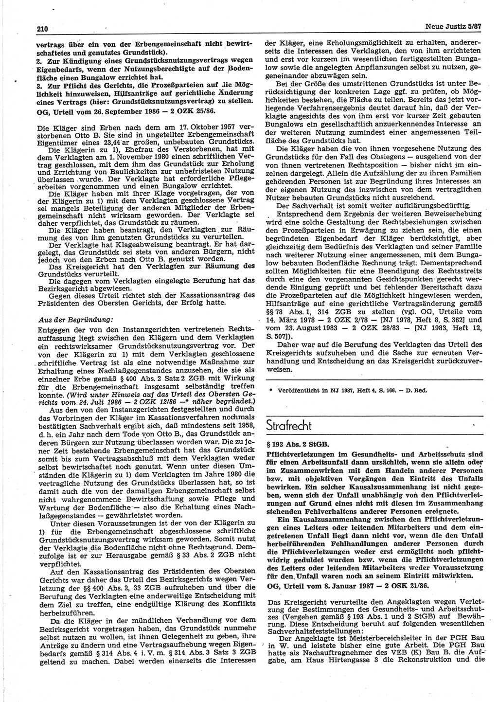 Neue Justiz (NJ), Zeitschrift für sozialistisches Recht und Gesetzlichkeit [Deutsche Demokratische Republik (DDR)], 41. Jahrgang 1987, Seite 210 (NJ DDR 1987, S. 210)