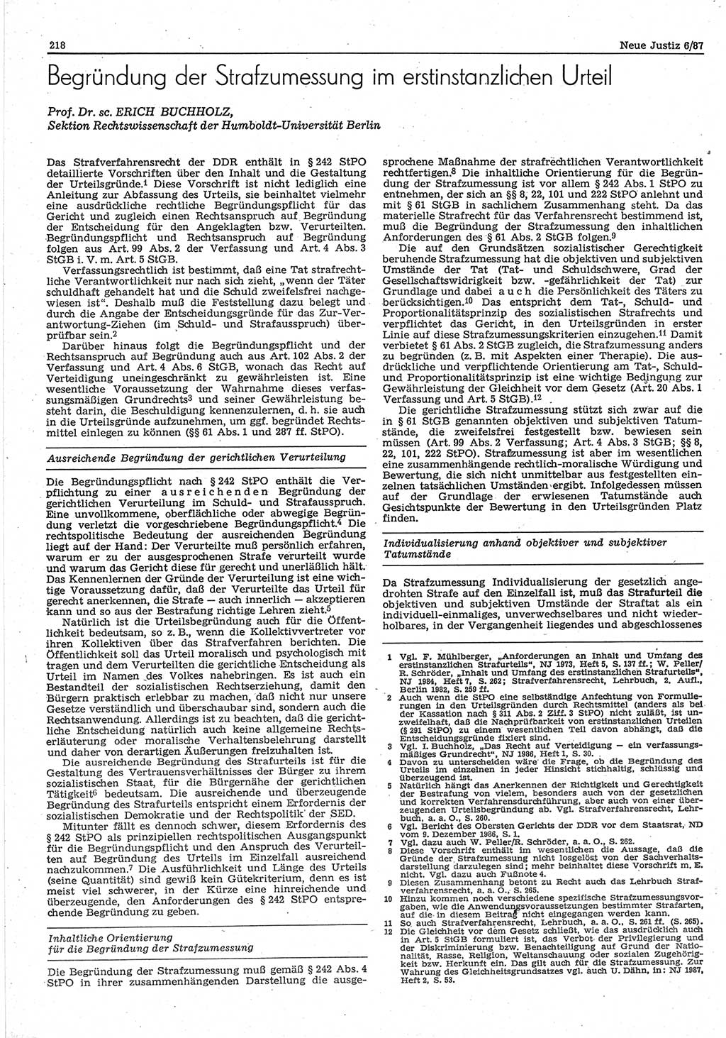 Neue Justiz (NJ), Zeitschrift für sozialistisches Recht und Gesetzlichkeit [Deutsche Demokratische Republik (DDR)], 41. Jahrgang 1987, Seite 218 (NJ DDR 1987, S. 218)