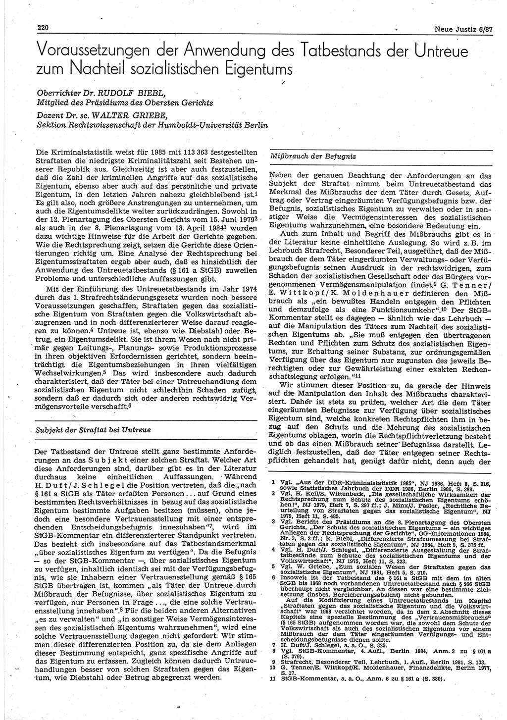 Neue Justiz (NJ), Zeitschrift für sozialistisches Recht und Gesetzlichkeit [Deutsche Demokratische Republik (DDR)], 41. Jahrgang 1987, Seite 220 (NJ DDR 1987, S. 220)