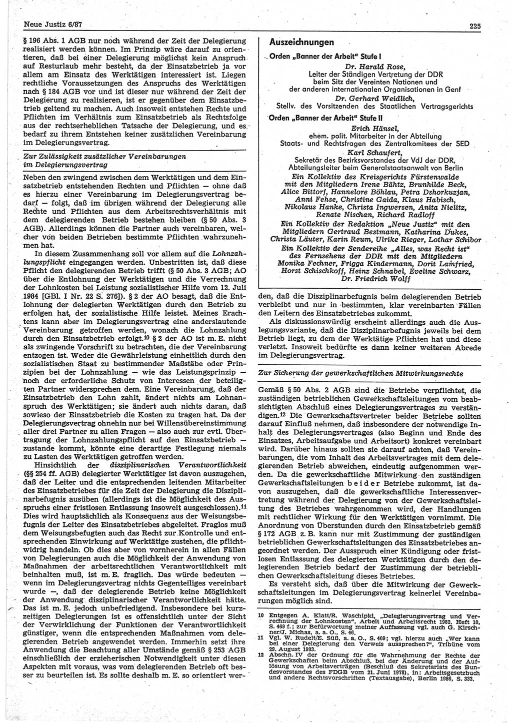 Neue Justiz (NJ), Zeitschrift für sozialistisches Recht und Gesetzlichkeit [Deutsche Demokratische Republik (DDR)], 41. Jahrgang 1987, Seite 225 (NJ DDR 1987, S. 225)