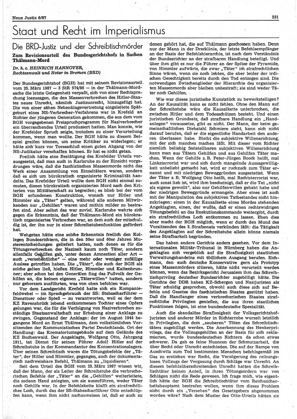 Neue Justiz (NJ), Zeitschrift für sozialistisches Recht und Gesetzlichkeit [Deutsche Demokratische Republik (DDR)], 41. Jahrgang 1987, Seite 231 (NJ DDR 1987, S. 231)