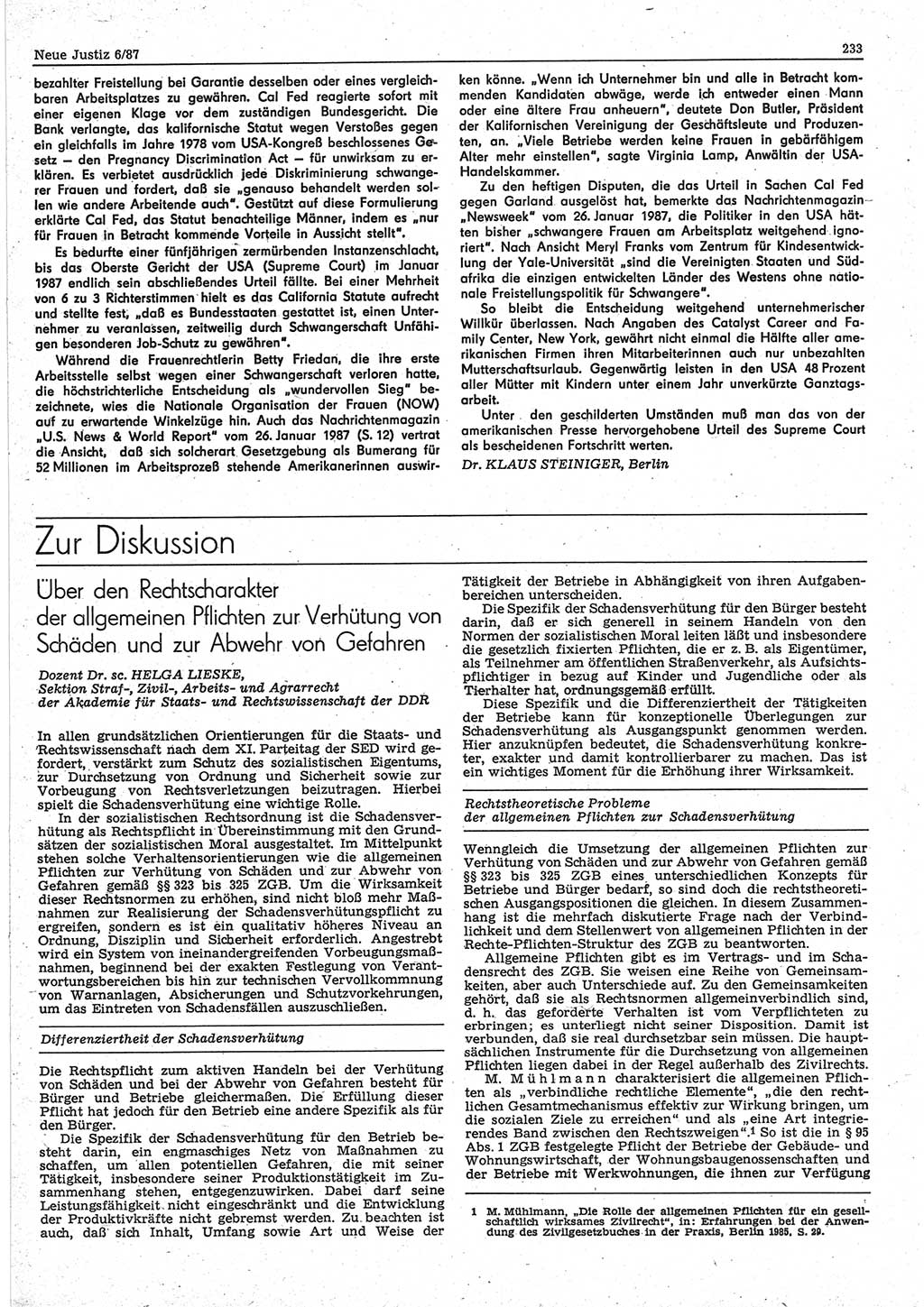 Neue Justiz (NJ), Zeitschrift für sozialistisches Recht und Gesetzlichkeit [Deutsche Demokratische Republik (DDR)], 41. Jahrgang 1987, Seite 233 (NJ DDR 1987, S. 233)