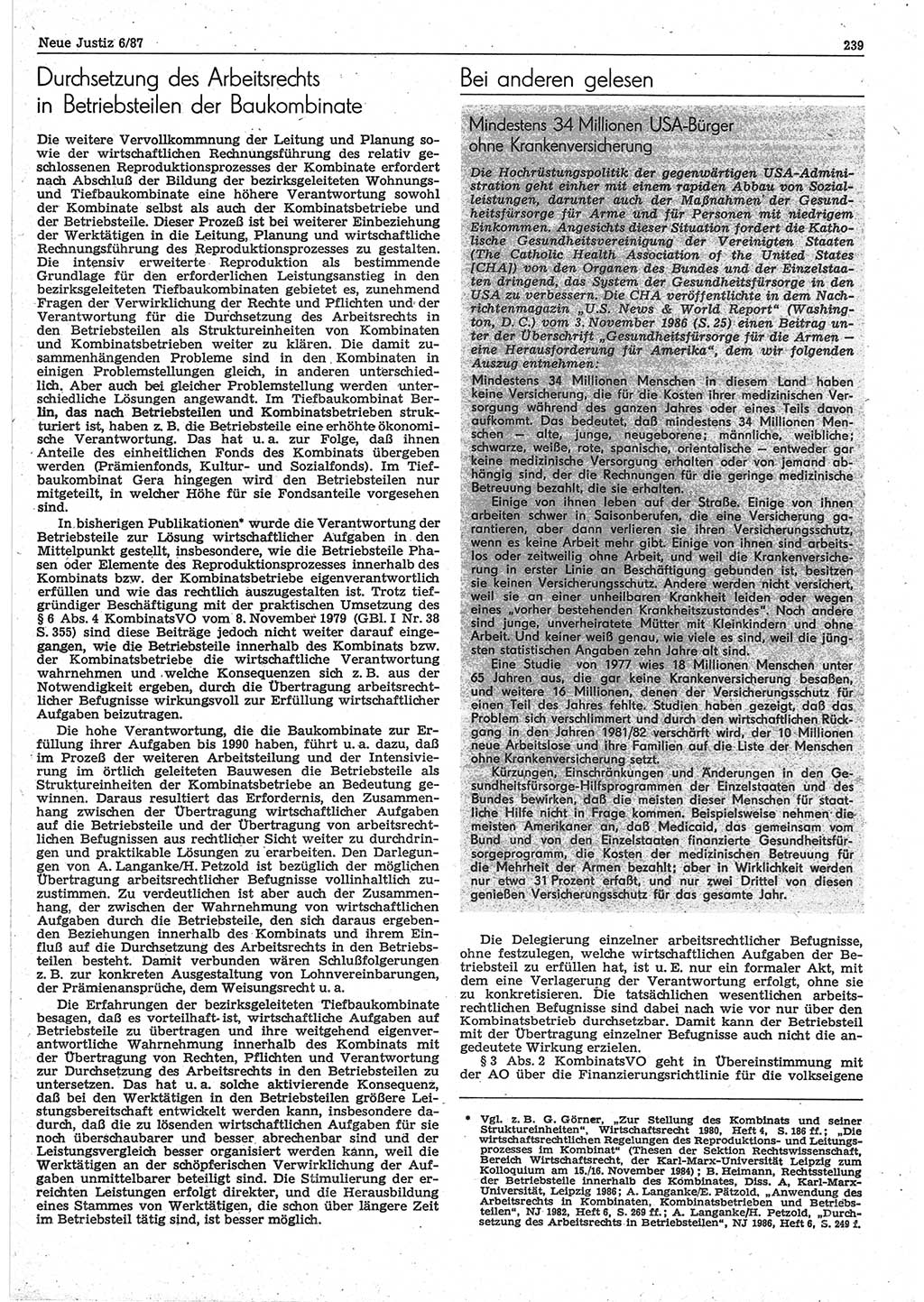 Neue Justiz (NJ), Zeitschrift für sozialistisches Recht und Gesetzlichkeit [Deutsche Demokratische Republik (DDR)], 41. Jahrgang 1987, Seite 239 (NJ DDR 1987, S. 239)