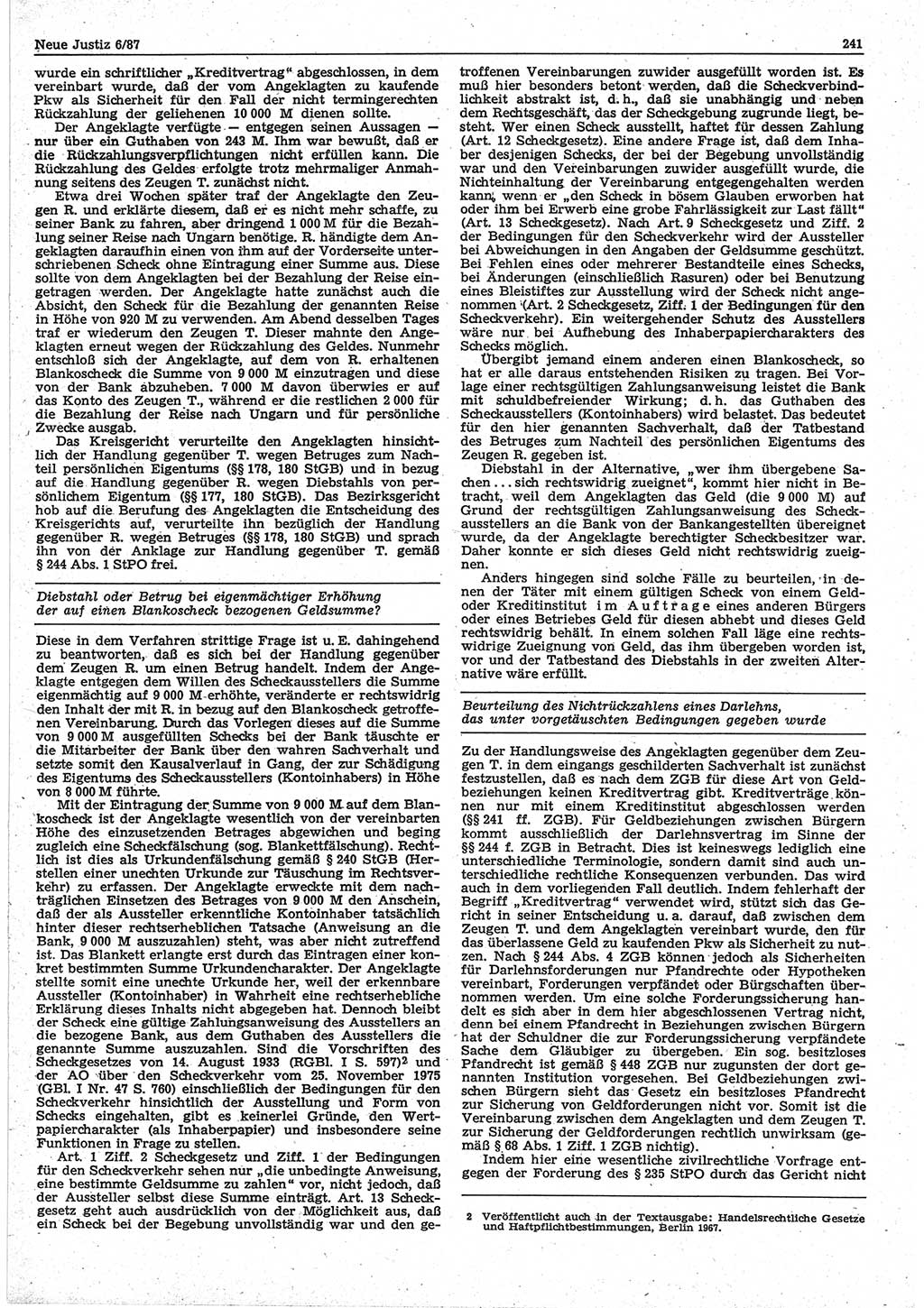 Neue Justiz (NJ), Zeitschrift für sozialistisches Recht und Gesetzlichkeit [Deutsche Demokratische Republik (DDR)], 41. Jahrgang 1987, Seite 241 (NJ DDR 1987, S. 241)