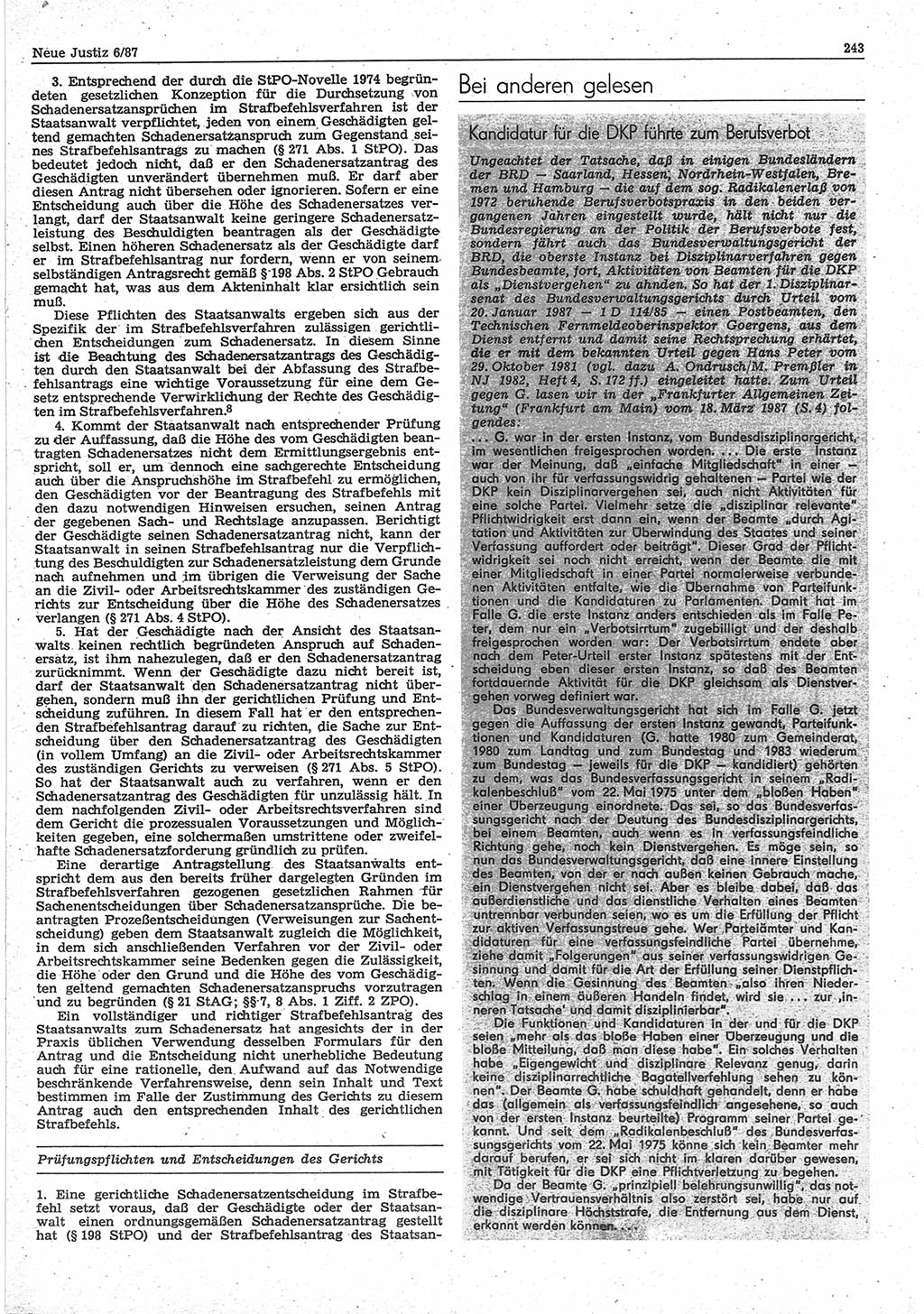 Neue Justiz (NJ), Zeitschrift für sozialistisches Recht und Gesetzlichkeit [Deutsche Demokratische Republik (DDR)], 41. Jahrgang 1987, Seite 243 (NJ DDR 1987, S. 243)