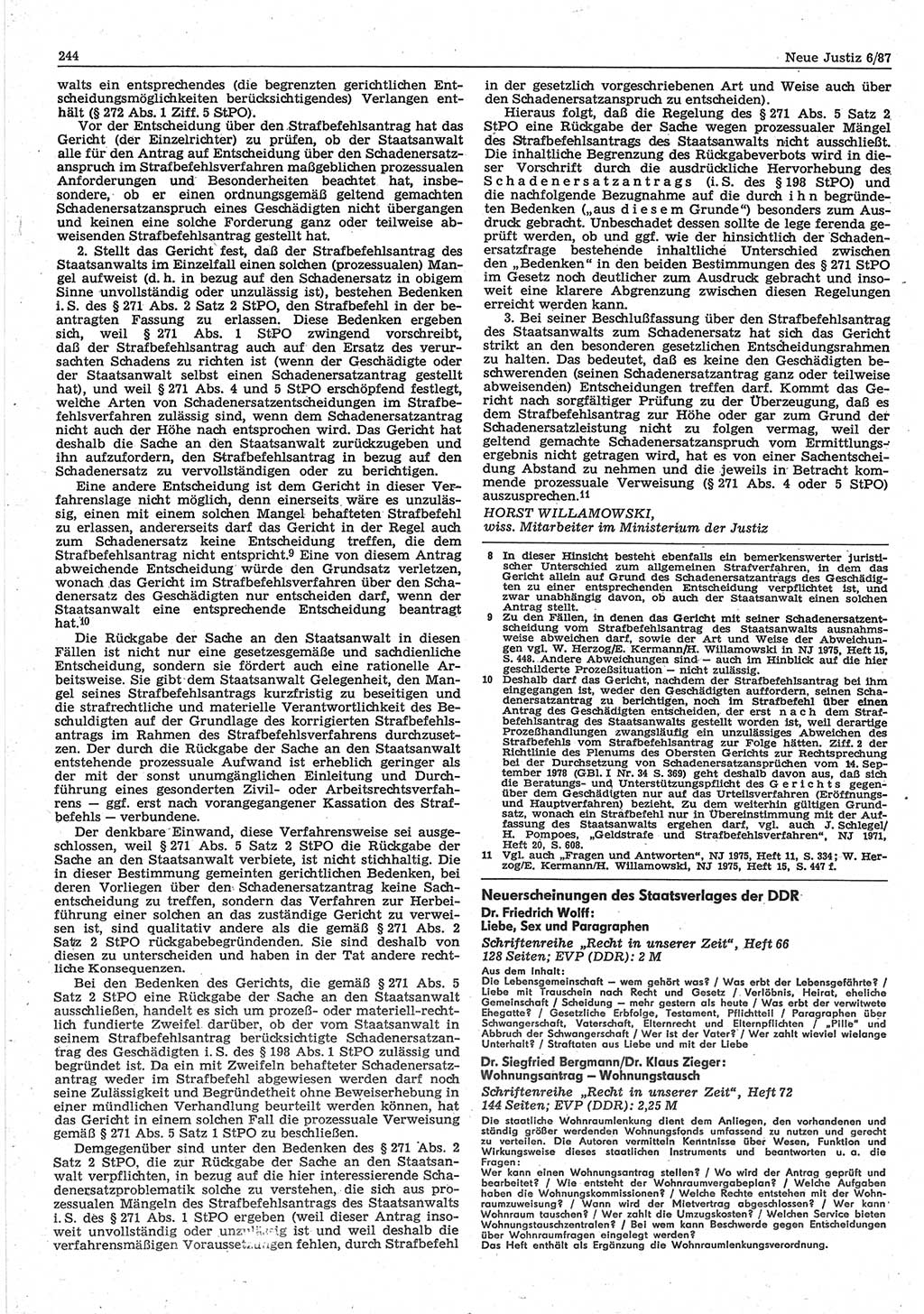 Neue Justiz (NJ), Zeitschrift für sozialistisches Recht und Gesetzlichkeit [Deutsche Demokratische Republik (DDR)], 41. Jahrgang 1987, Seite 244 (NJ DDR 1987, S. 244)