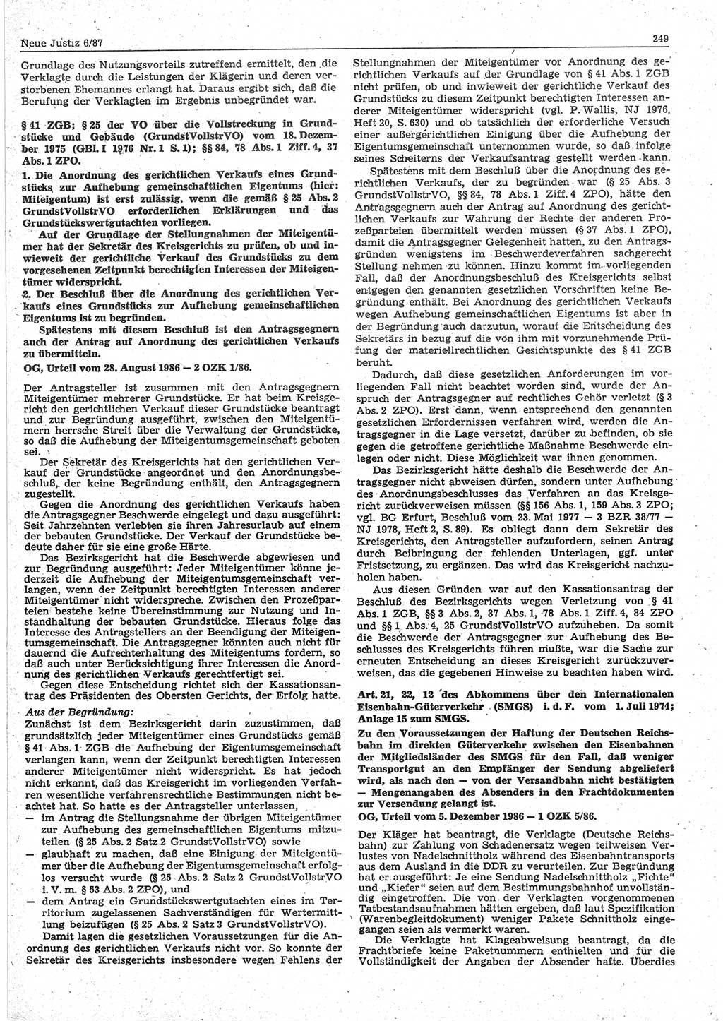 Neue Justiz (NJ), Zeitschrift für sozialistisches Recht und Gesetzlichkeit [Deutsche Demokratische Republik (DDR)], 41. Jahrgang 1987, Seite 249 (NJ DDR 1987, S. 249)