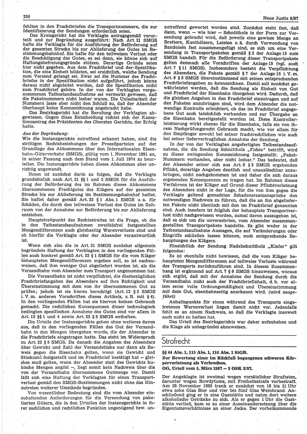 Neue Justiz (NJ), Zeitschrift für sozialistisches Recht und Gesetzlichkeit [Deutsche Demokratische Republik (DDR)], 41. Jahrgang 1987, Seite 250 (NJ DDR 1987, S. 250)