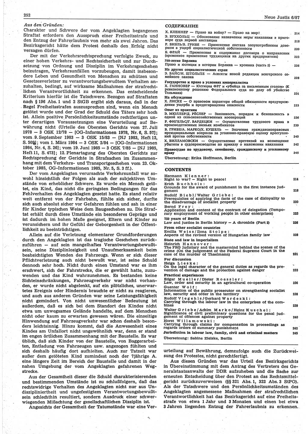 Neue Justiz (NJ), Zeitschrift für sozialistisches Recht und Gesetzlichkeit [Deutsche Demokratische Republik (DDR)], 41. Jahrgang 1987, Seite 252 (NJ DDR 1987, S. 252)