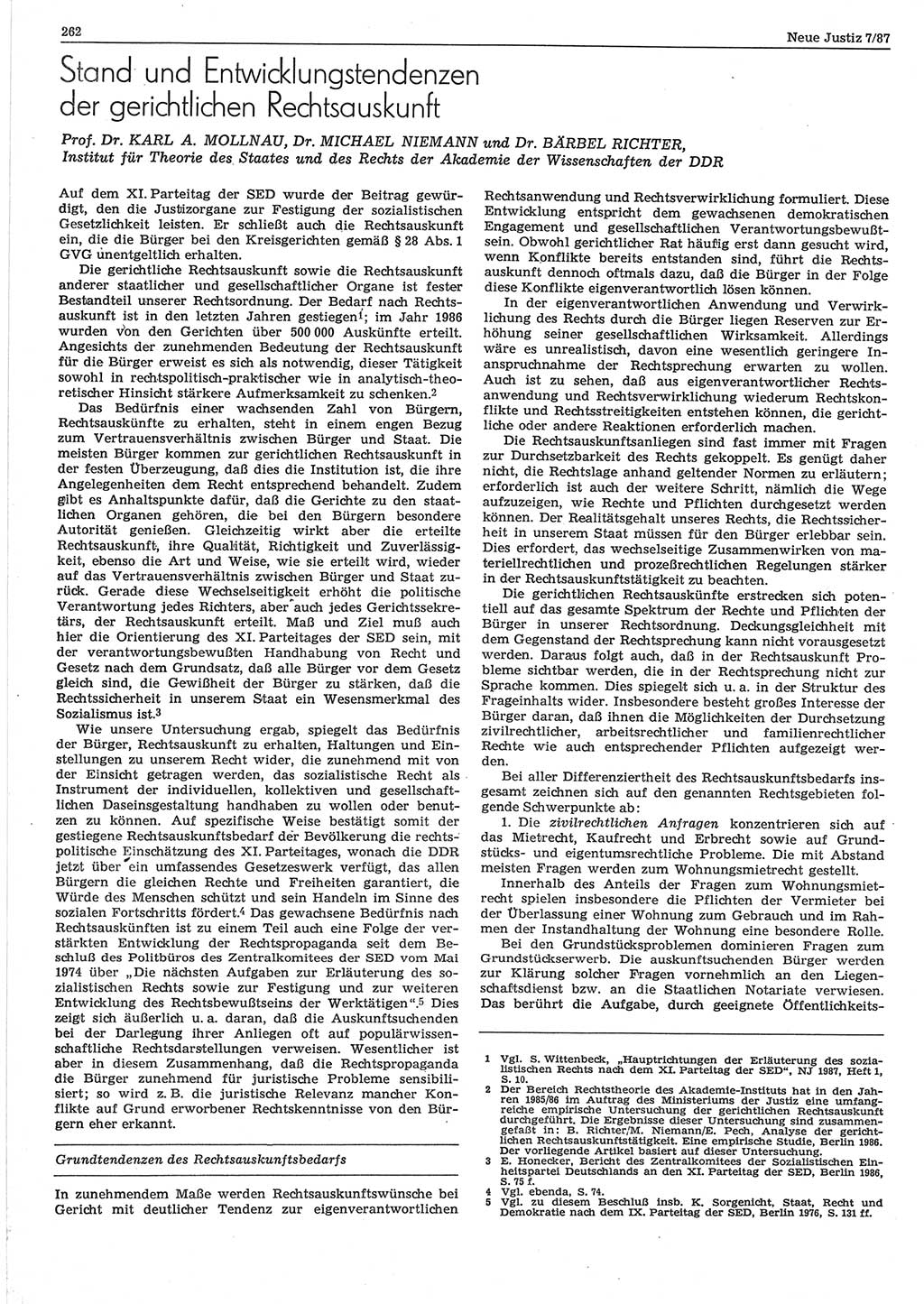 Neue Justiz (NJ), Zeitschrift für sozialistisches Recht und Gesetzlichkeit [Deutsche Demokratische Republik (DDR)], 41. Jahrgang 1987, Seite 262 (NJ DDR 1987, S. 262)