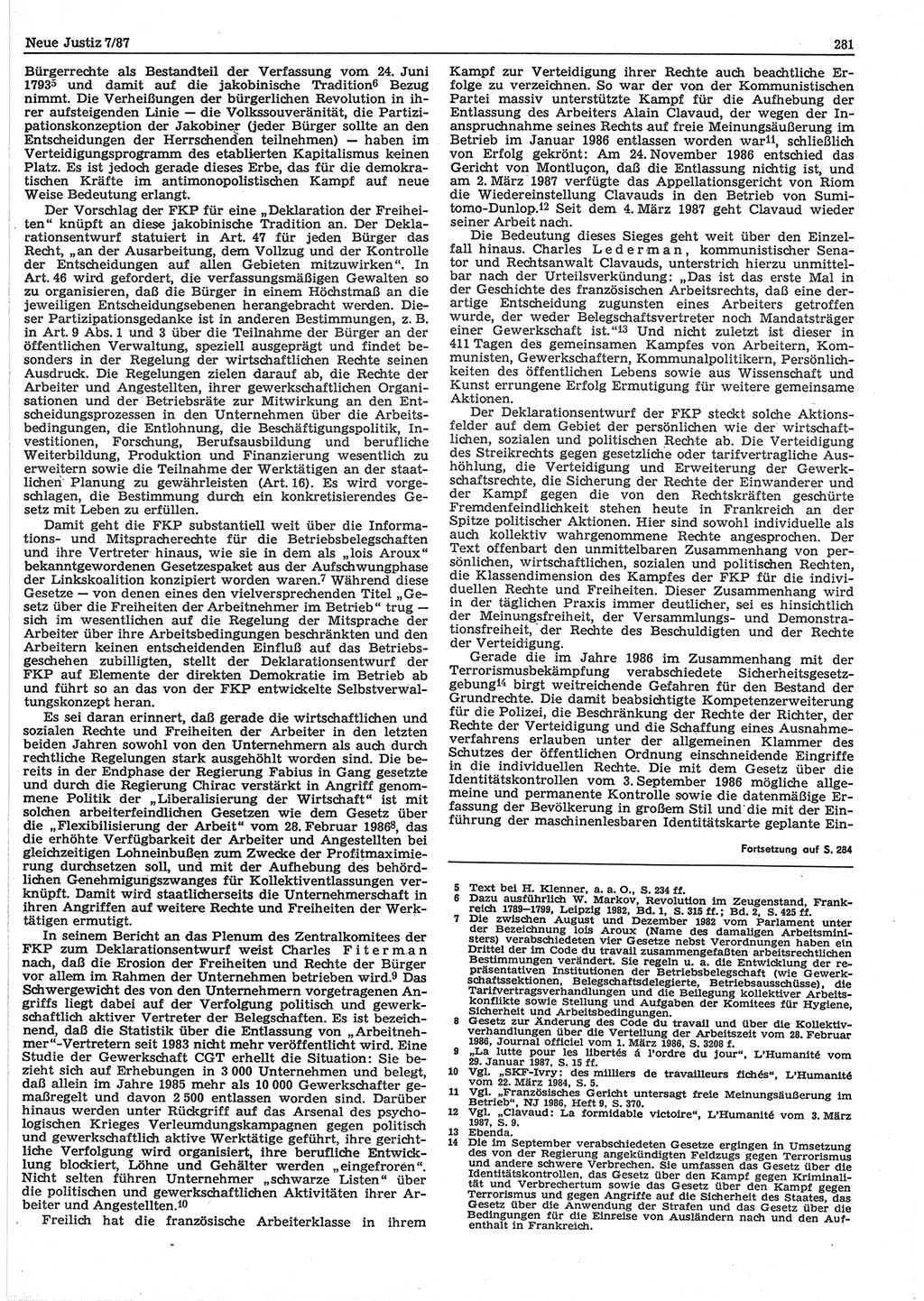 Neue Justiz (NJ), Zeitschrift für sozialistisches Recht und Gesetzlichkeit [Deutsche Demokratische Republik (DDR)], 41. Jahrgang 1987, Seite 281 (NJ DDR 1987, S. 281)