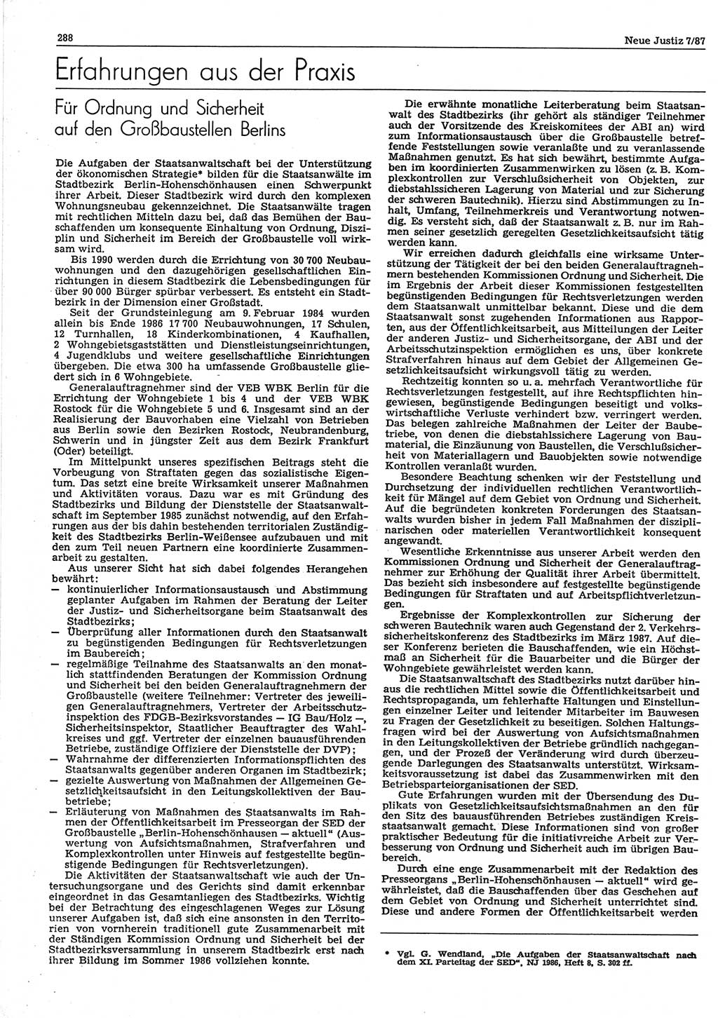 Neue Justiz (NJ), Zeitschrift für sozialistisches Recht und Gesetzlichkeit [Deutsche Demokratische Republik (DDR)], 41. Jahrgang 1987, Seite 288 (NJ DDR 1987, S. 288)