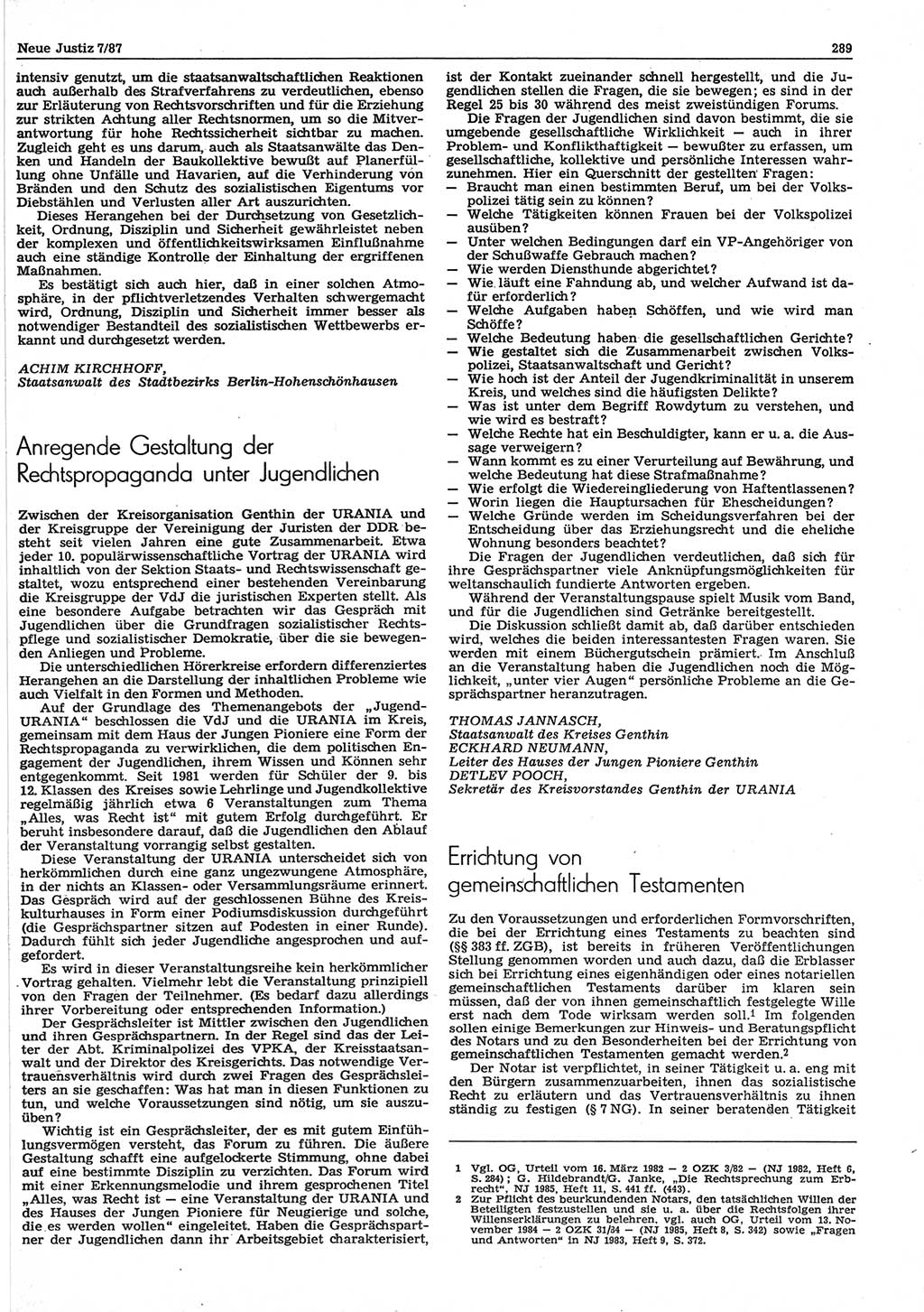 Neue Justiz (NJ), Zeitschrift für sozialistisches Recht und Gesetzlichkeit [Deutsche Demokratische Republik (DDR)], 41. Jahrgang 1987, Seite 289 (NJ DDR 1987, S. 289)