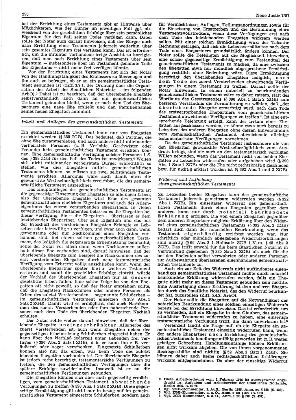 Neue Justiz (NJ), Zeitschrift für sozialistisches Recht und Gesetzlichkeit [Deutsche Demokratische Republik (DDR)], 41. Jahrgang 1987, Seite 290 (NJ DDR 1987, S. 290)