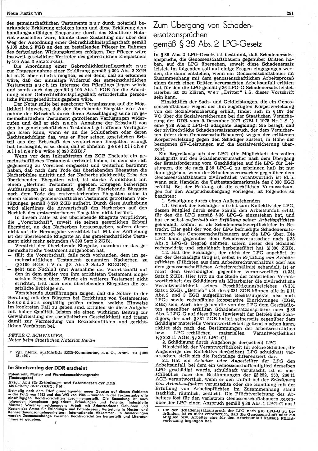 Neue Justiz (NJ), Zeitschrift für sozialistisches Recht und Gesetzlichkeit [Deutsche Demokratische Republik (DDR)], 41. Jahrgang 1987, Seite 291 (NJ DDR 1987, S. 291)