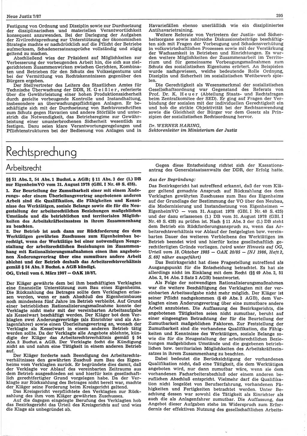 Neue Justiz (NJ), Zeitschrift für sozialistisches Recht und Gesetzlichkeit [Deutsche Demokratische Republik (DDR)], 41. Jahrgang 1987, Seite 295 (NJ DDR 1987, S. 295)