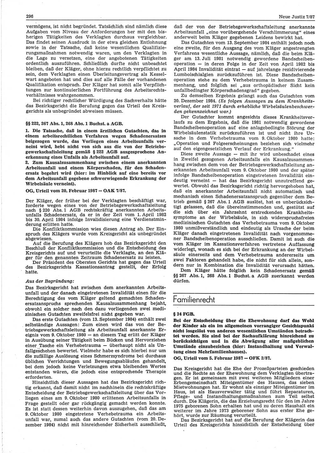 Neue Justiz (NJ), Zeitschrift für sozialistisches Recht und Gesetzlichkeit [Deutsche Demokratische Republik (DDR)], 41. Jahrgang 1987, Seite 296 (NJ DDR 1987, S. 296)