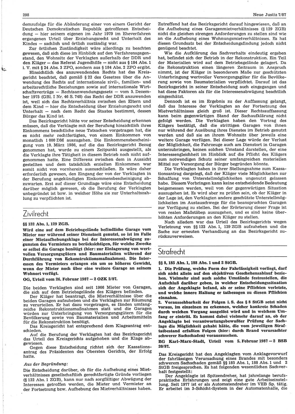 Neue Justiz (NJ), Zeitschrift für sozialistisches Recht und Gesetzlichkeit [Deutsche Demokratische Republik (DDR)], 41. Jahrgang 1987, Seite 298 (NJ DDR 1987, S. 298)