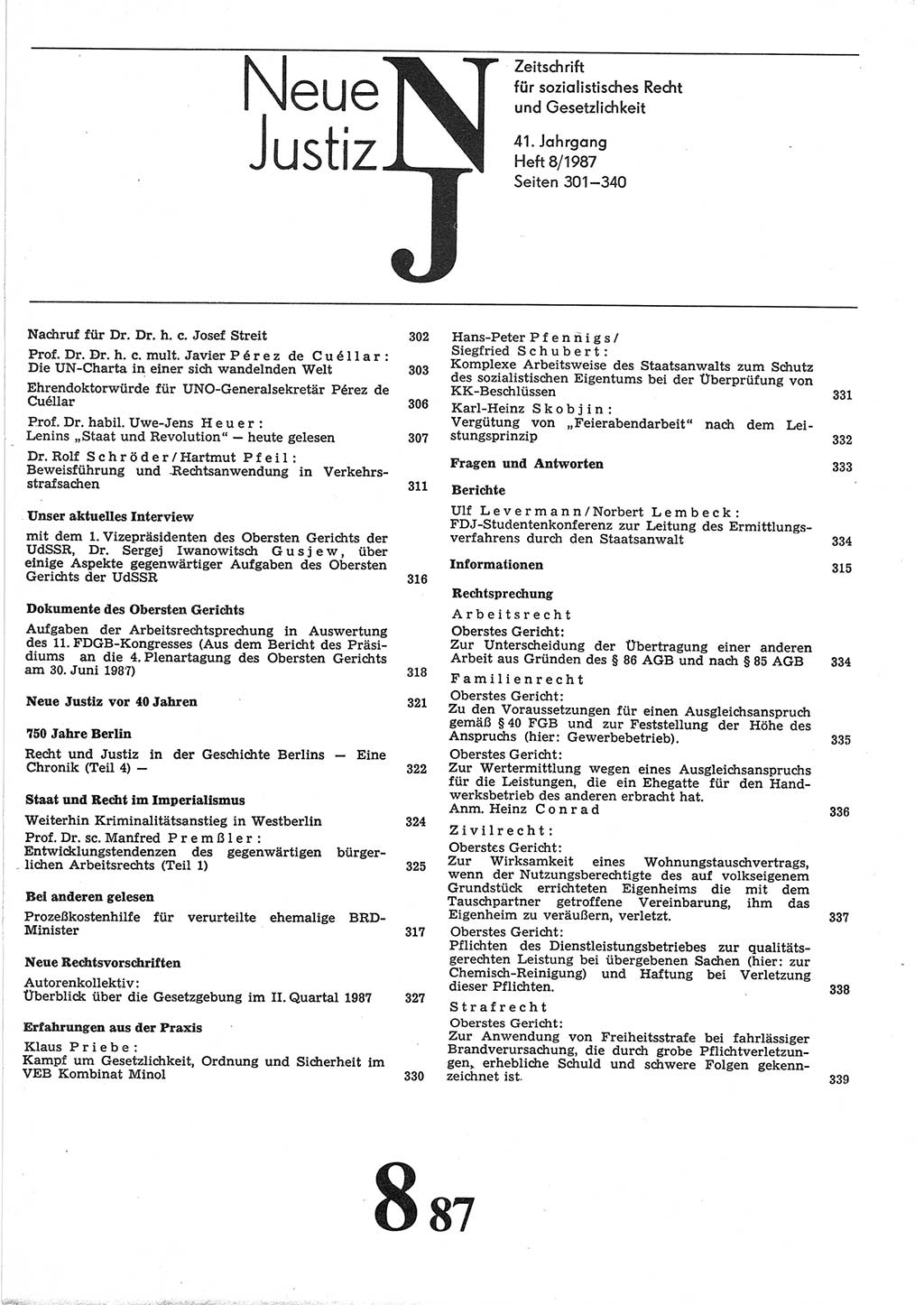 Neue Justiz (NJ), Zeitschrift für sozialistisches Recht und Gesetzlichkeit [Deutsche Demokratische Republik (DDR)], 41. Jahrgang 1987, Seite 301 (NJ DDR 1987, S. 301)