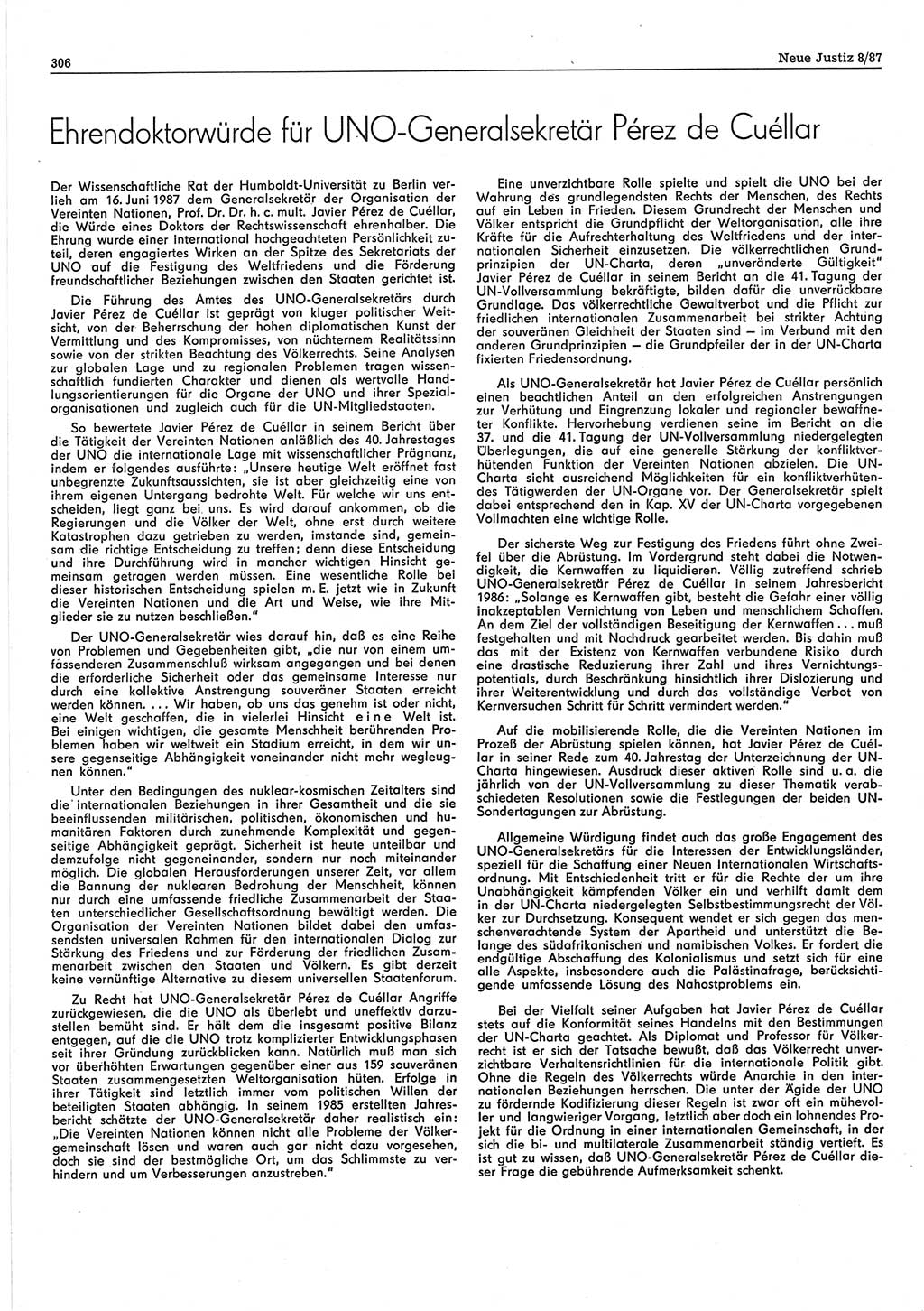 Neue Justiz (NJ), Zeitschrift für sozialistisches Recht und Gesetzlichkeit [Deutsche Demokratische Republik (DDR)], 41. Jahrgang 1987, Seite 306 (NJ DDR 1987, S. 306)
