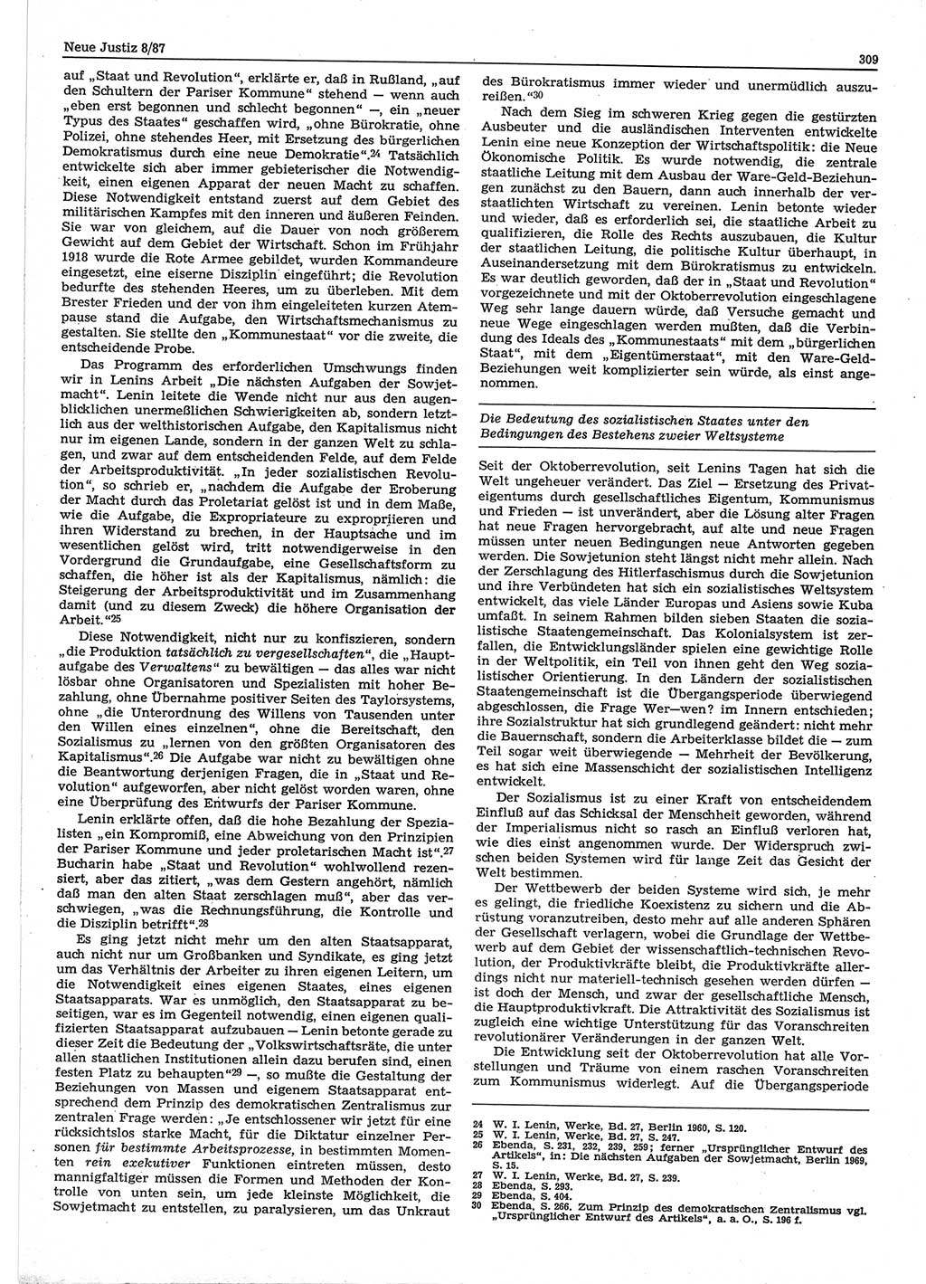Neue Justiz (NJ), Zeitschrift für sozialistisches Recht und Gesetzlichkeit [Deutsche Demokratische Republik (DDR)], 41. Jahrgang 1987, Seite 309 (NJ DDR 1987, S. 309)