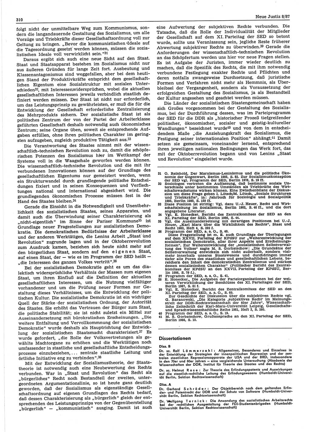 Neue Justiz (NJ), Zeitschrift für sozialistisches Recht und Gesetzlichkeit [Deutsche Demokratische Republik (DDR)], 41. Jahrgang 1987, Seite 310 (NJ DDR 1987, S. 310)