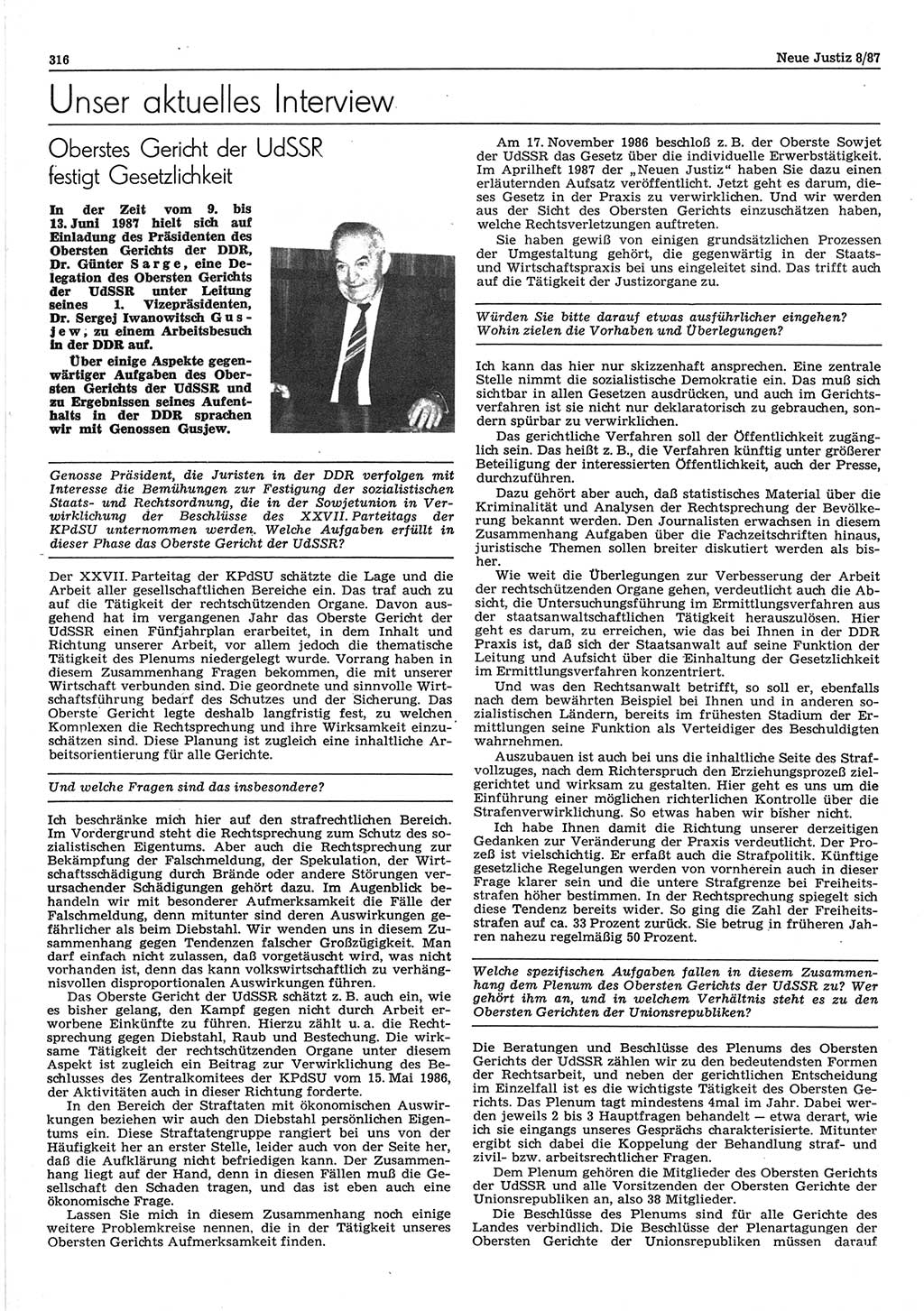 Neue Justiz (NJ), Zeitschrift für sozialistisches Recht und Gesetzlichkeit [Deutsche Demokratische Republik (DDR)], 41. Jahrgang 1987, Seite 316 (NJ DDR 1987, S. 316)