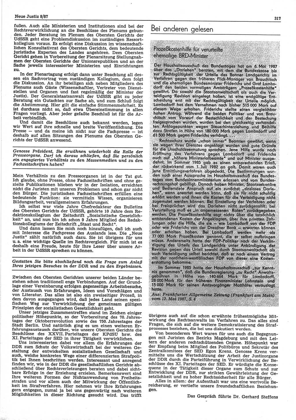Neue Justiz (NJ), Zeitschrift für sozialistisches Recht und Gesetzlichkeit [Deutsche Demokratische Republik (DDR)], 41. Jahrgang 1987, Seite 317 (NJ DDR 1987, S. 317)