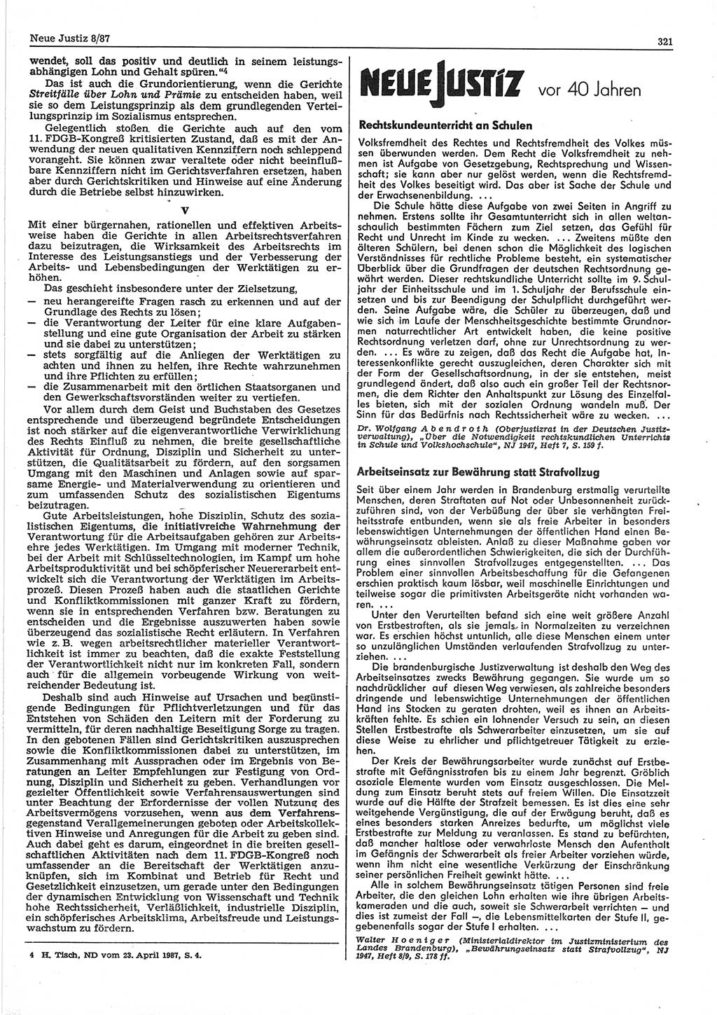 Neue Justiz (NJ), Zeitschrift für sozialistisches Recht und Gesetzlichkeit [Deutsche Demokratische Republik (DDR)], 41. Jahrgang 1987, Seite 321 (NJ DDR 1987, S. 321)