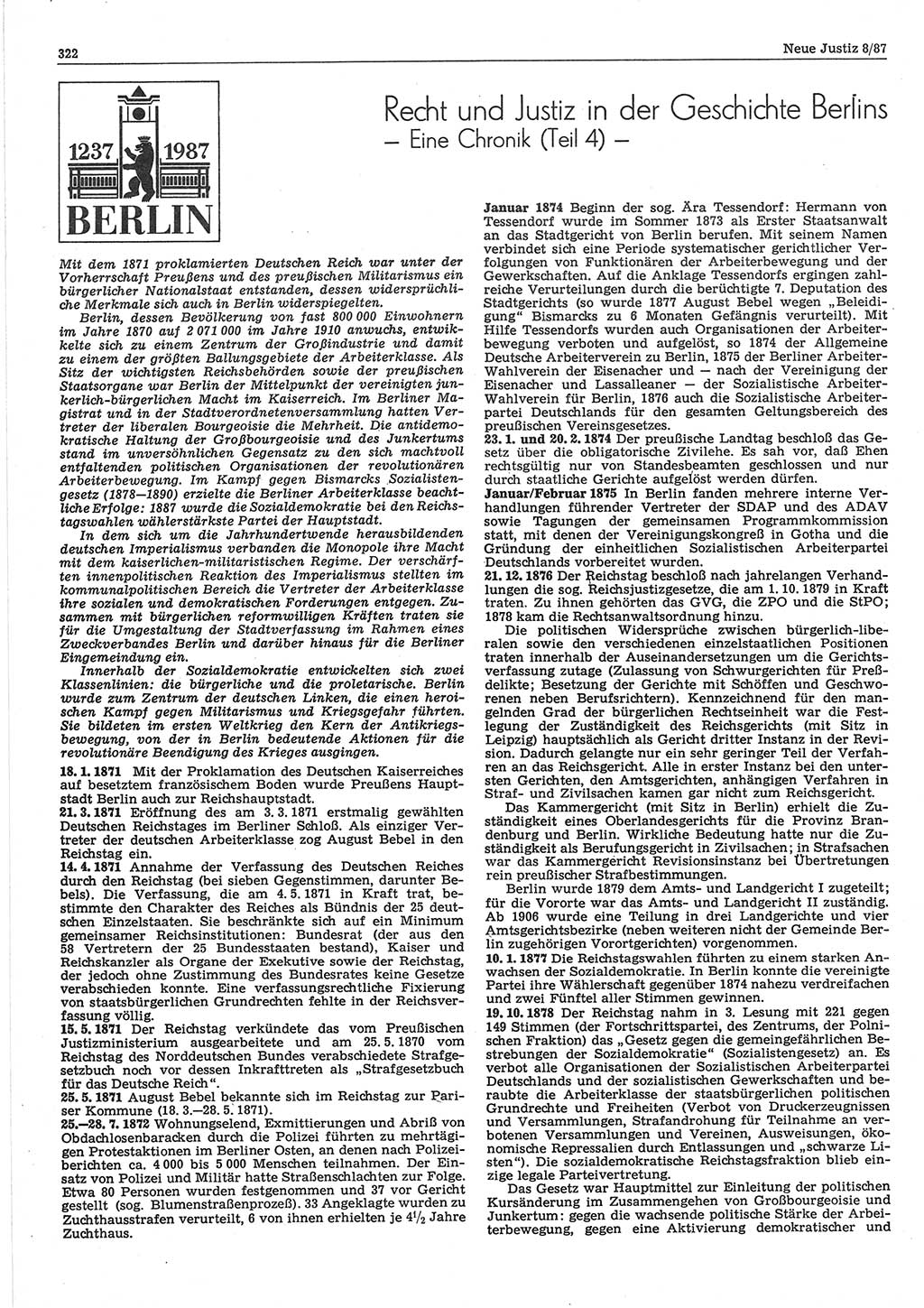 Neue Justiz (NJ), Zeitschrift für sozialistisches Recht und Gesetzlichkeit [Deutsche Demokratische Republik (DDR)], 41. Jahrgang 1987, Seite 322 (NJ DDR 1987, S. 322)