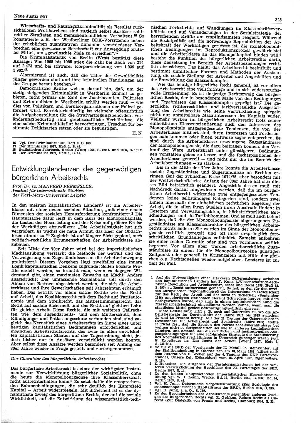 Neue Justiz (NJ), Zeitschrift für sozialistisches Recht und Gesetzlichkeit [Deutsche Demokratische Republik (DDR)], 41. Jahrgang 1987, Seite 325 (NJ DDR 1987, S. 325)