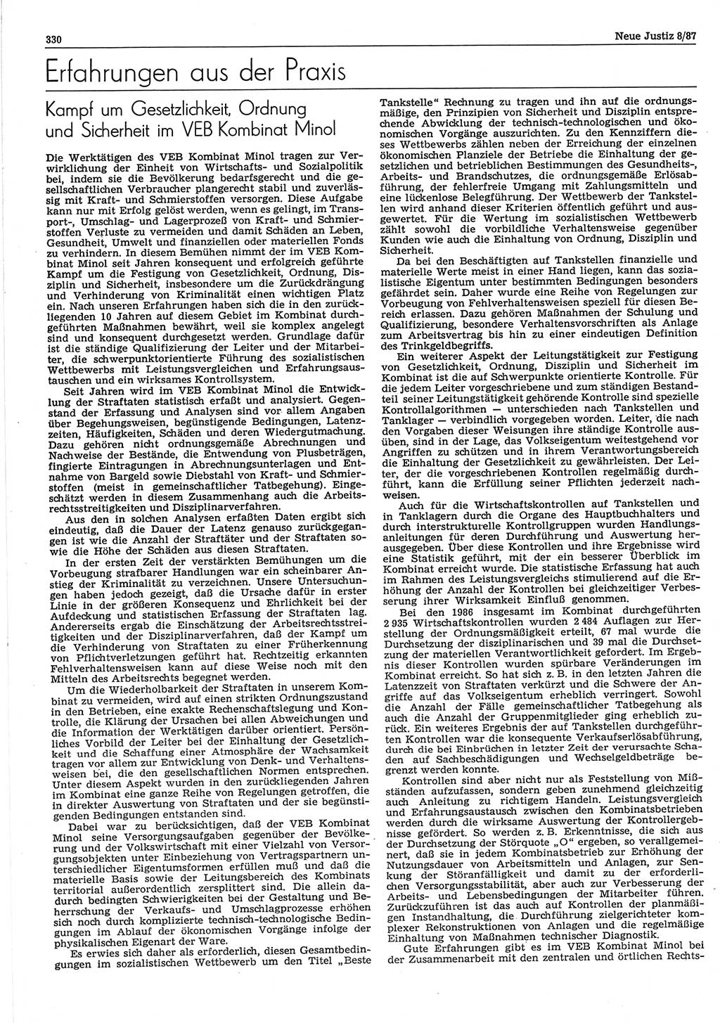 Neue Justiz (NJ), Zeitschrift für sozialistisches Recht und Gesetzlichkeit [Deutsche Demokratische Republik (DDR)], 41. Jahrgang 1987, Seite 330 (NJ DDR 1987, S. 330)