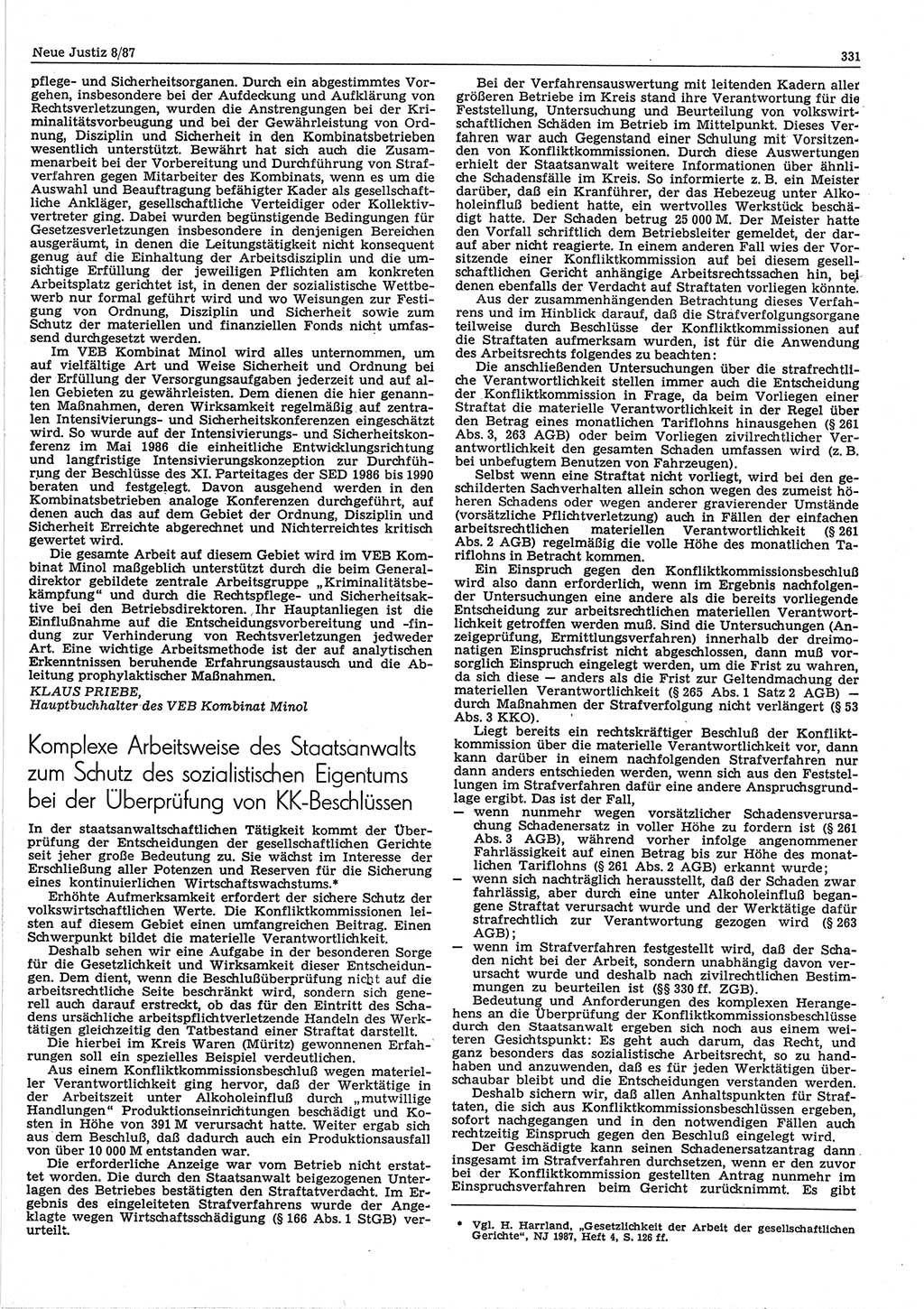 Neue Justiz (NJ), Zeitschrift für sozialistisches Recht und Gesetzlichkeit [Deutsche Demokratische Republik (DDR)], 41. Jahrgang 1987, Seite 331 (NJ DDR 1987, S. 331)