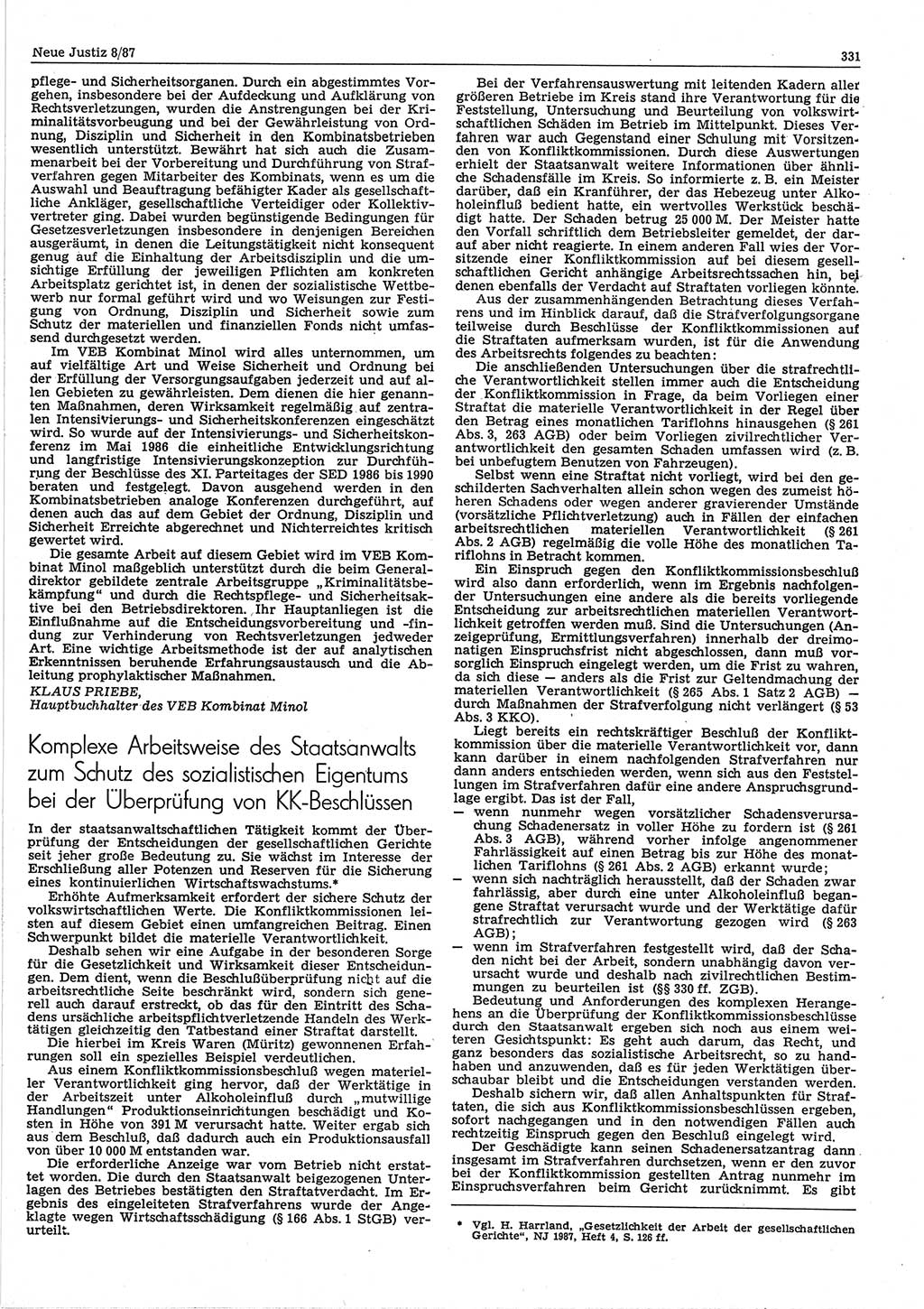 Neue Justiz (NJ), Zeitschrift für sozialistisches Recht und Gesetzlichkeit [Deutsche Demokratische Republik (DDR)], 41. Jahrgang 1987, Seite 331 (NJ DDR 1987, S. 331)