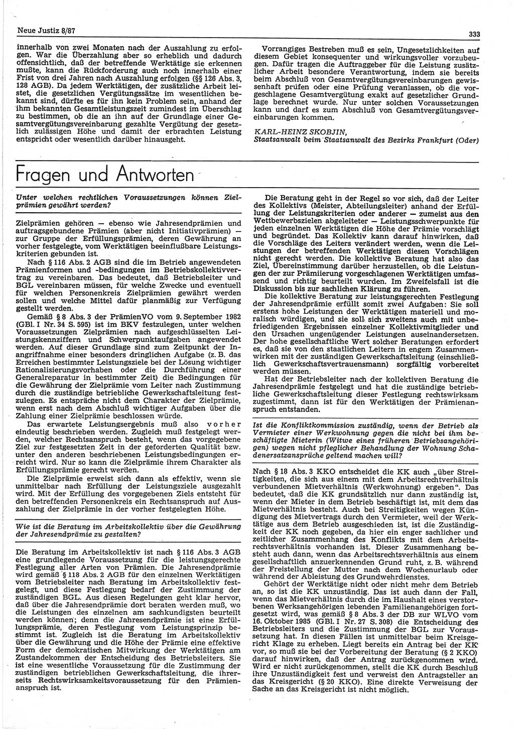 Neue Justiz (NJ), Zeitschrift für sozialistisches Recht und Gesetzlichkeit [Deutsche Demokratische Republik (DDR)], 41. Jahrgang 1987, Seite 333 (NJ DDR 1987, S. 333)