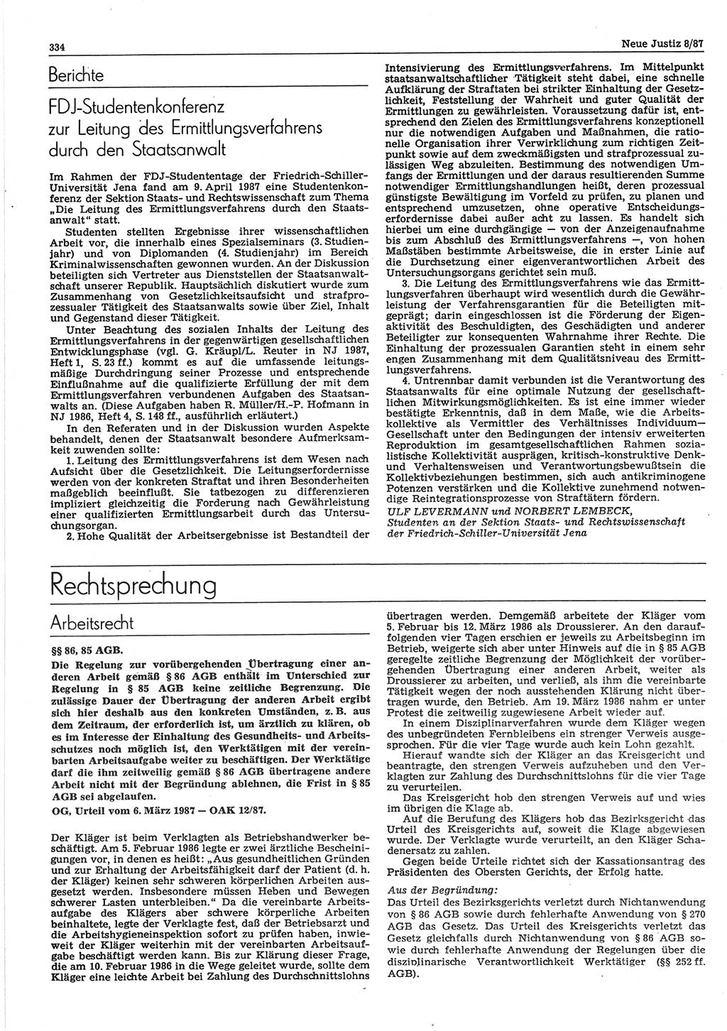 Neue Justiz (NJ), Zeitschrift für sozialistisches Recht und Gesetzlichkeit [Deutsche Demokratische Republik (DDR)], 41. Jahrgang 1987, Seite 334 (NJ DDR 1987, S. 334)