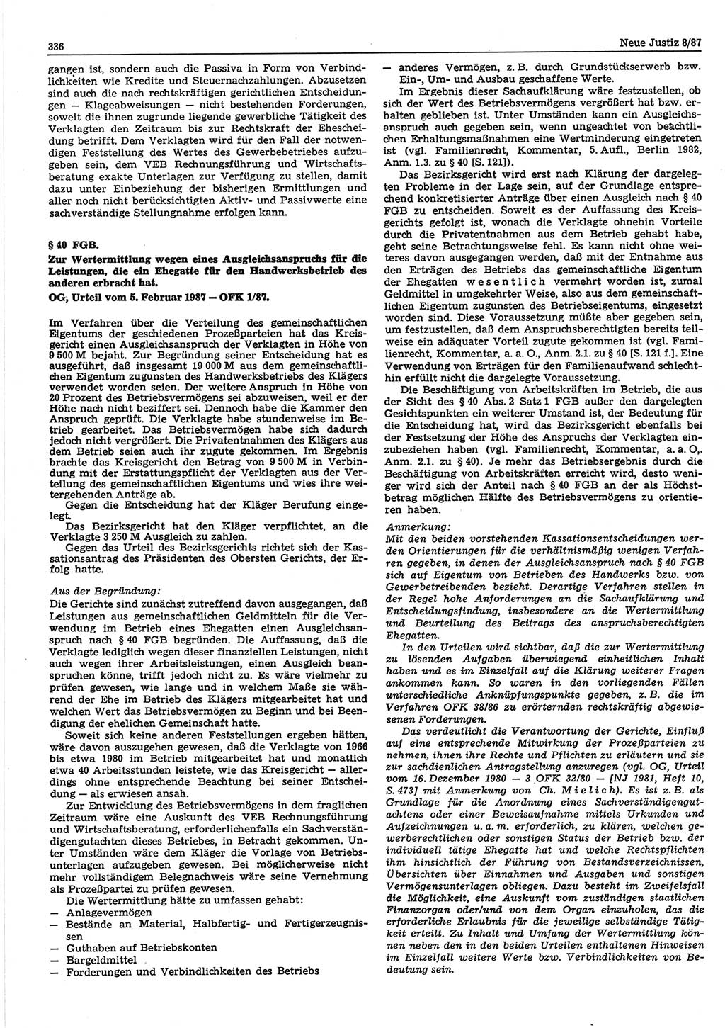 Neue Justiz (NJ), Zeitschrift für sozialistisches Recht und Gesetzlichkeit [Deutsche Demokratische Republik (DDR)], 41. Jahrgang 1987, Seite 336 (NJ DDR 1987, S. 336)