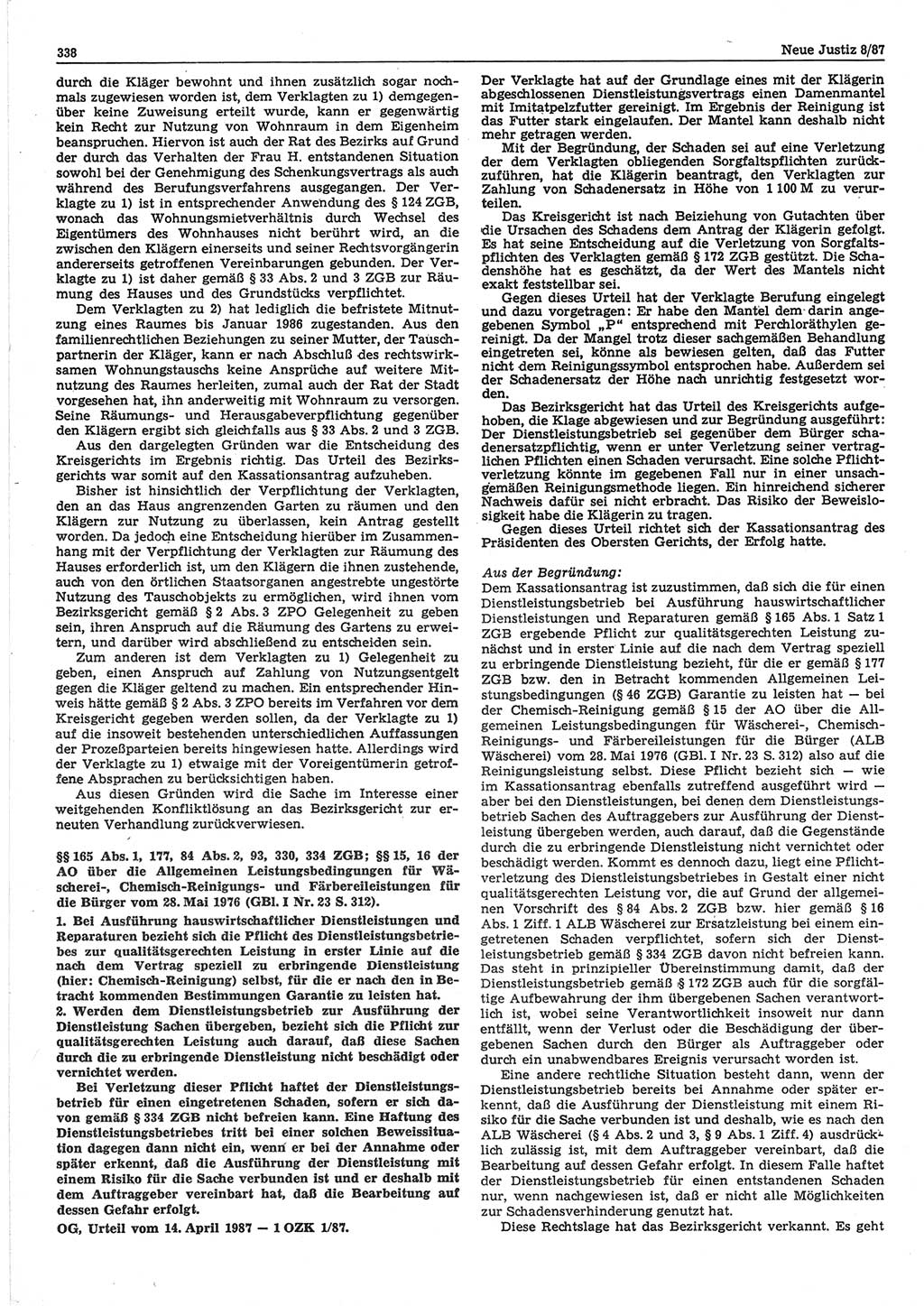 Neue Justiz (NJ), Zeitschrift für sozialistisches Recht und Gesetzlichkeit [Deutsche Demokratische Republik (DDR)], 41. Jahrgang 1987, Seite 338 (NJ DDR 1987, S. 338)
