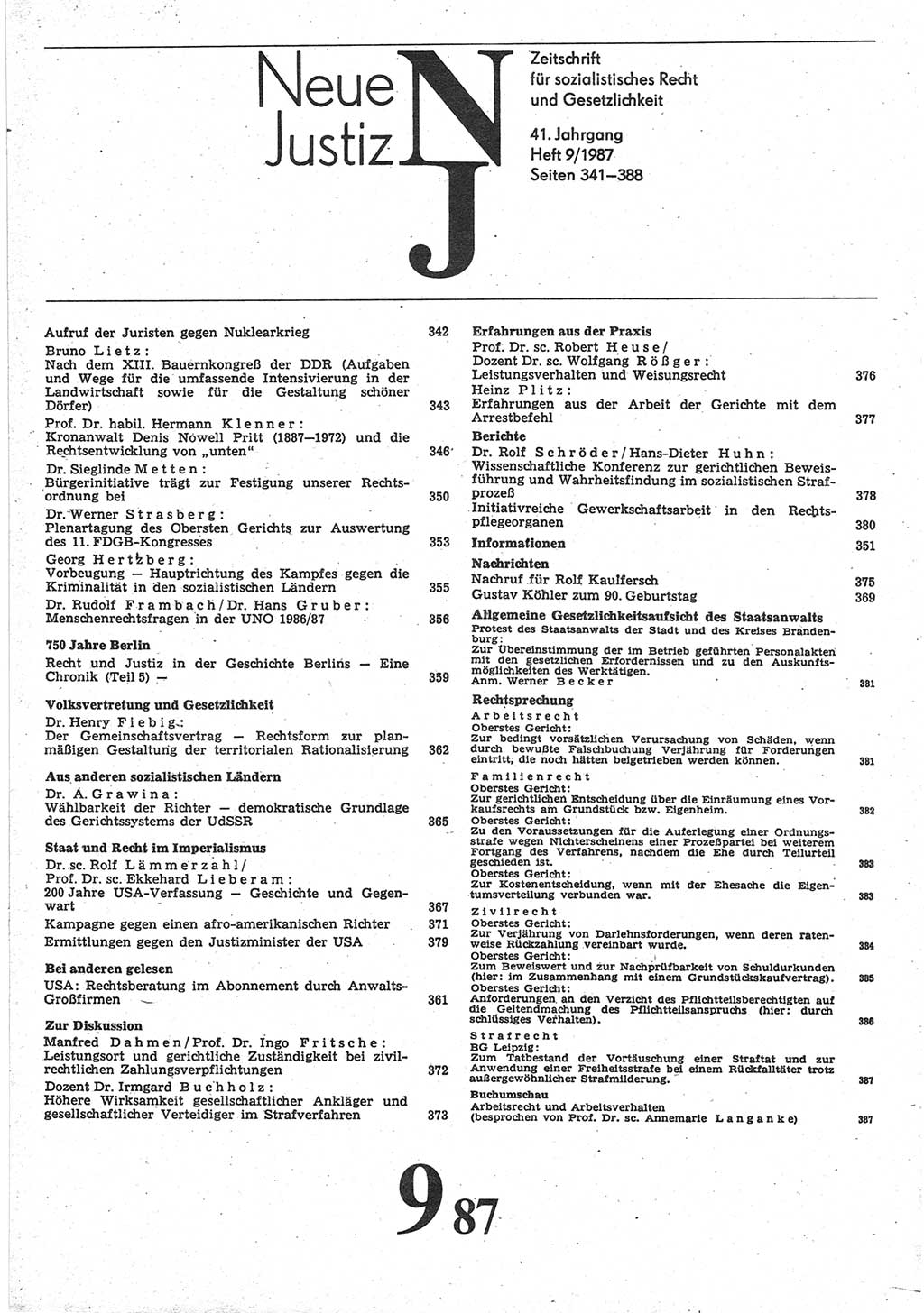 Neue Justiz (NJ), Zeitschrift für sozialistisches Recht und Gesetzlichkeit [Deutsche Demokratische Republik (DDR)], 41. Jahrgang 1987, Seite 341 (NJ DDR 1987, S. 341)