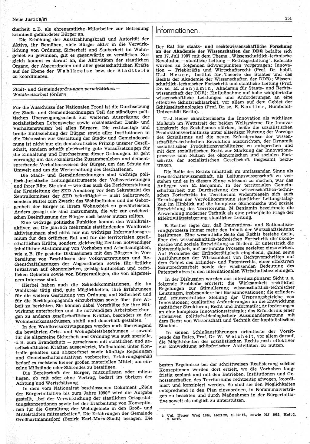 Neue Justiz (NJ), Zeitschrift für sozialistisches Recht und Gesetzlichkeit [Deutsche Demokratische Republik (DDR)], 41. Jahrgang 1987, Seite 351 (NJ DDR 1987, S. 351)