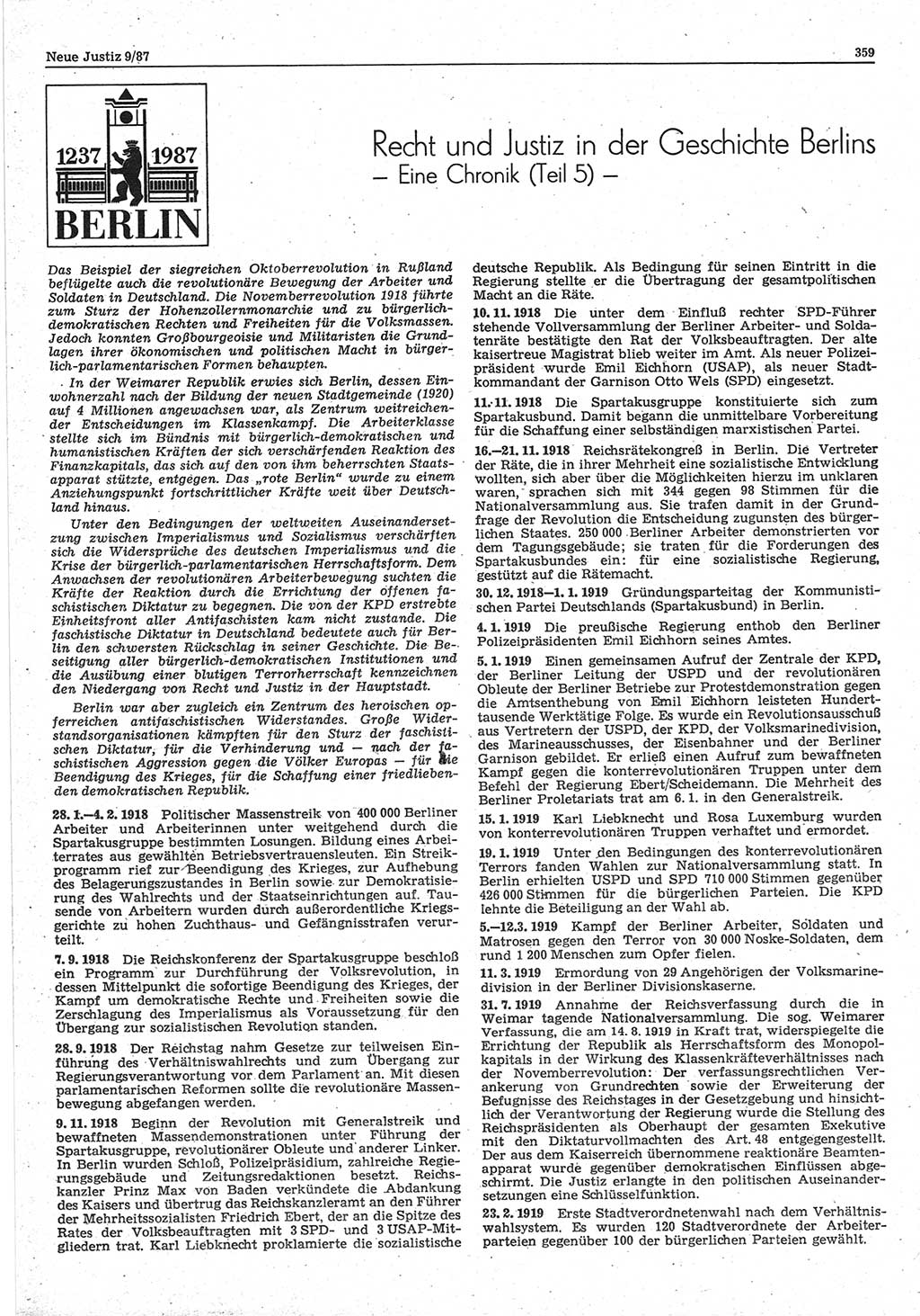 Neue Justiz (NJ), Zeitschrift für sozialistisches Recht und Gesetzlichkeit [Deutsche Demokratische Republik (DDR)], 41. Jahrgang 1987, Seite 359 (NJ DDR 1987, S. 359)
