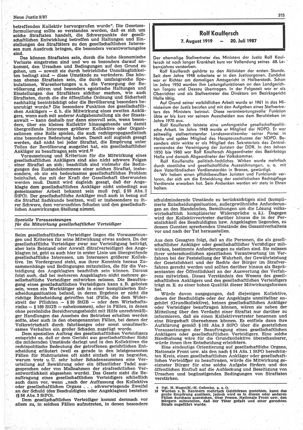 Neue Justiz (NJ), Zeitschrift für sozialistisches Recht und Gesetzlichkeit [Deutsche Demokratische Republik (DDR)], 41. Jahrgang 1987, Seite 375 (NJ DDR 1987, S. 375)