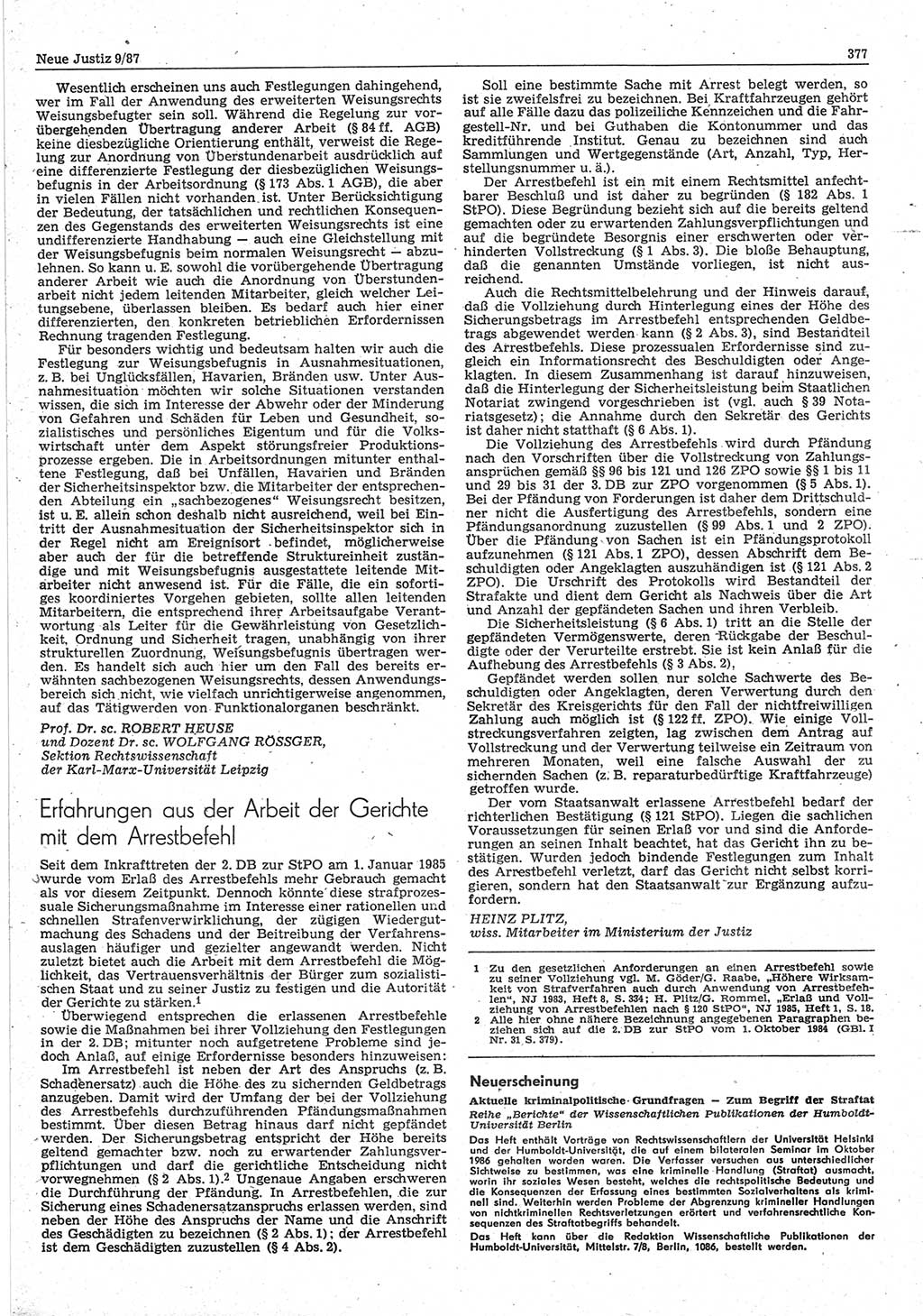 Neue Justiz (NJ), Zeitschrift für sozialistisches Recht und Gesetzlichkeit [Deutsche Demokratische Republik (DDR)], 41. Jahrgang 1987, Seite 377 (NJ DDR 1987, S. 377)